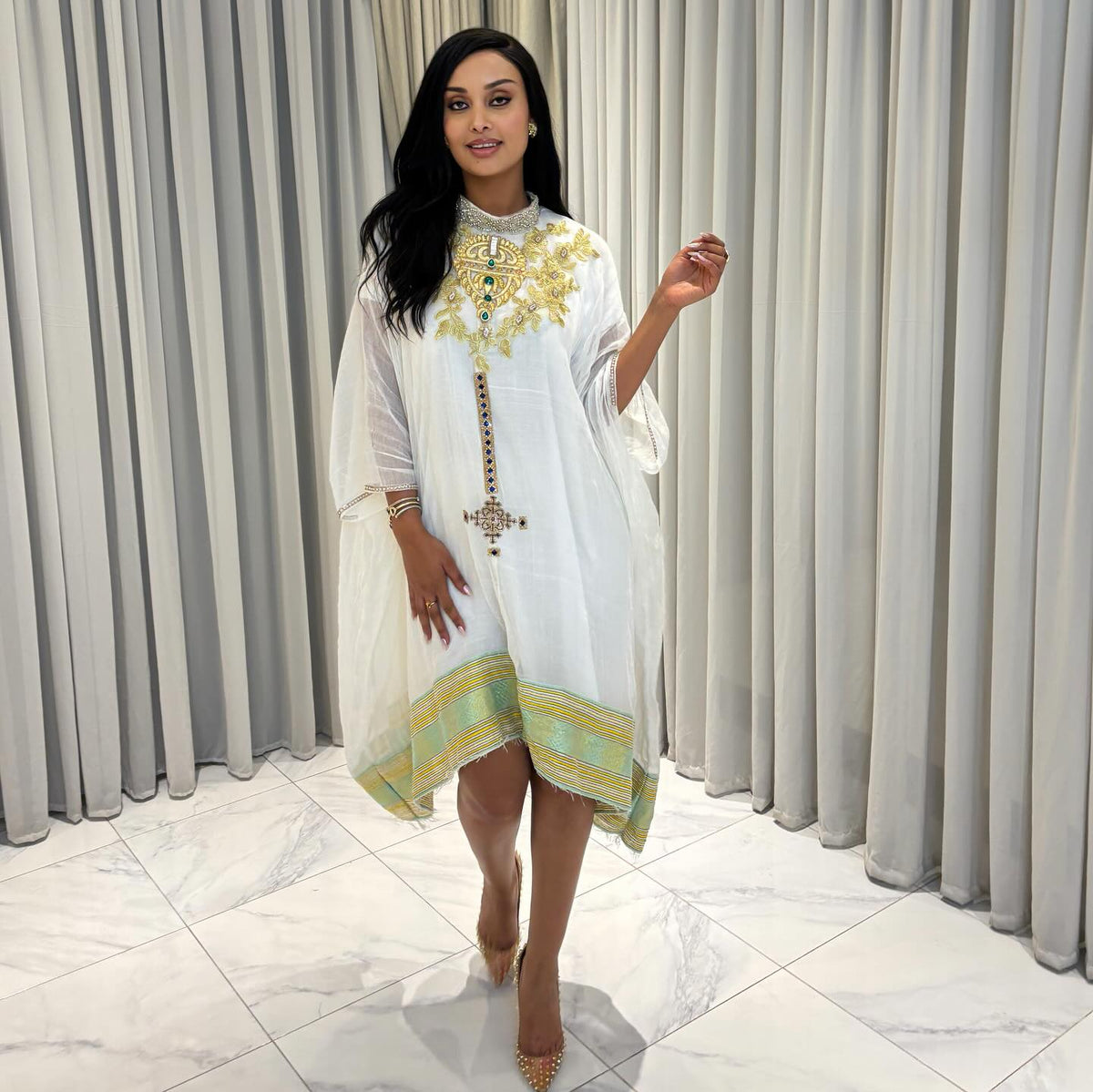 ESKEDAR ETHIOPIAN TRADITIONAL DRESS | GREEN EMBROIDERY HABESHA DRESS | SHORT STYLE HABESHA KEMIS
