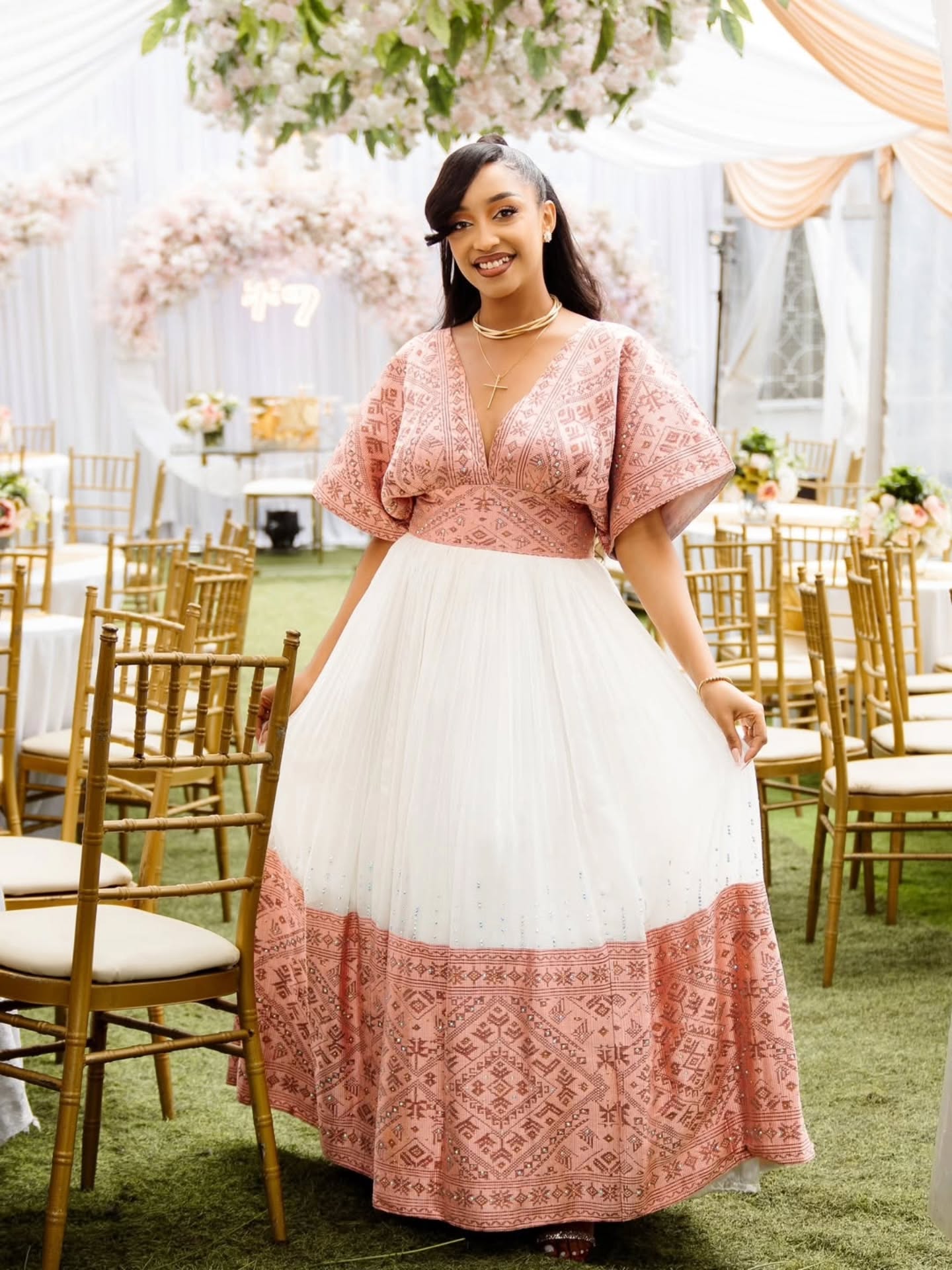 ATITEGEB PINK EMBROIDERY HABESHA DRESS | TRADITIONAL ETHIOPIAN HABESHA KEMIS | ELEGANT ETHIOPIAN CLOTHING