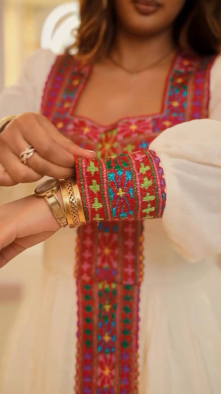 ZEWDY LONG SLEEVE HABESHA KEMIS | TRADITIONAL ETHIOPIAN DRESS FOR WOMEN | RED PATTERN HABESHA DRESS