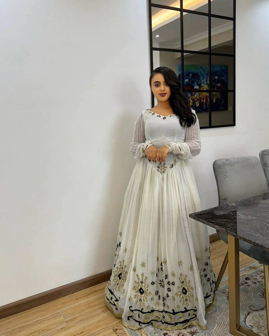 ELEGANT WHITE HABESHA KEMIS, TRADITIONAL ETHIOPIAN CLOTHING AND HABESHA TRADITIONAL DRESS