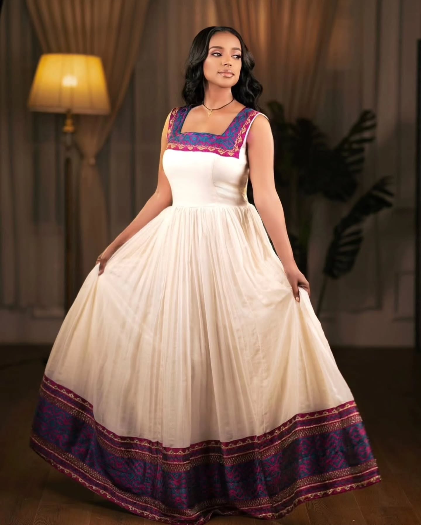 TENAGNE STUNNING WHITE HABESHA KEMIS | MULTICOLOR EMBROIDERY HABESHA DRESS | TRADITIONAL ETHIOPIAN CLOTHING AND DRESS