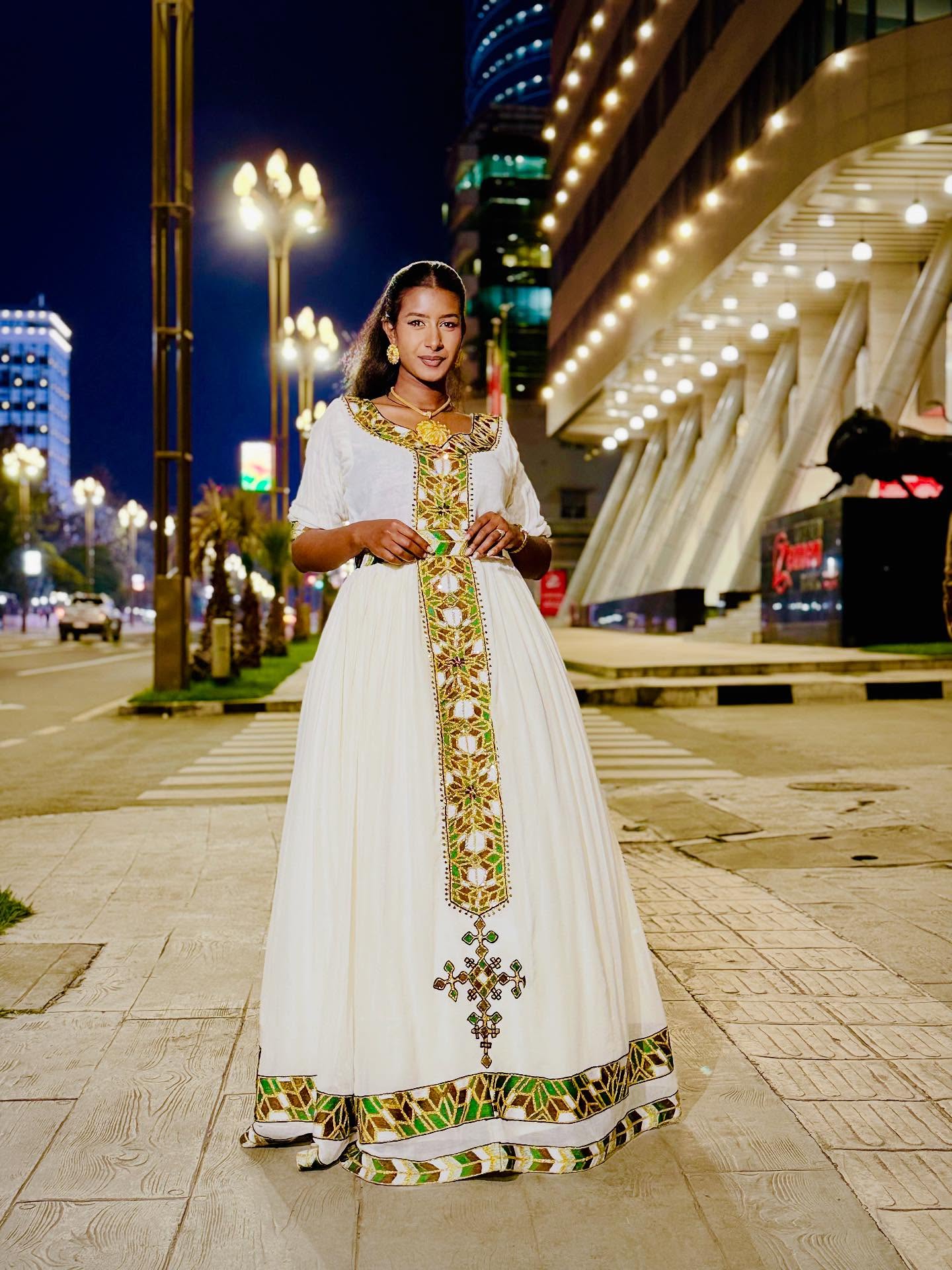 SISAY TRADITIONAL ETHIOPIAN CLOTHING | HABESHA KEMIS WITH SHORT SLEEVE | GREEN AND GOLD EMBROIDERY HABESHA DRESS
