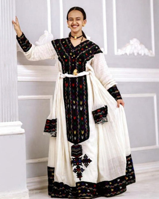 MULTICOLORED EMBROIDERY HABESHA DRESS – ELEGANT TRADITIONAL ETHIOPIAN CLOTHING STYLE