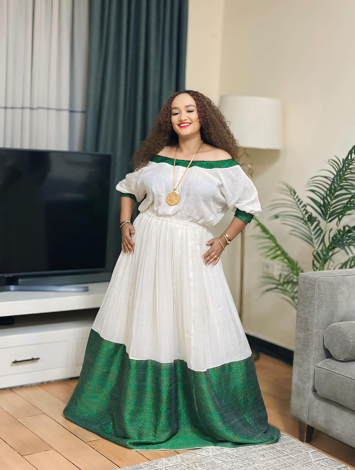 SEMAWIT TRADITIONAL ETHIOPIAN CLOTHING | HABESHA KEMIS AND HABESHA DRESS | GREEN DESIGN