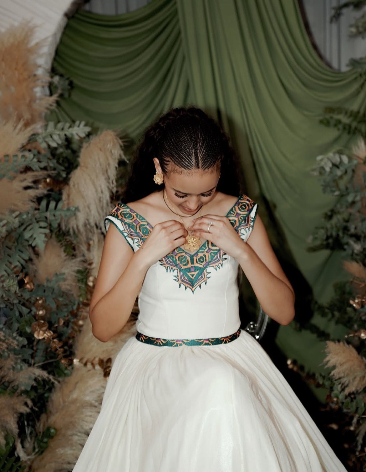 REKIK GREEN EMBROIDERY DESIGN HABESHA DRESS | ETHIOPIAN CLOTHING FOR FESTIVE | AUTHENTIC HABESHA KEMIS