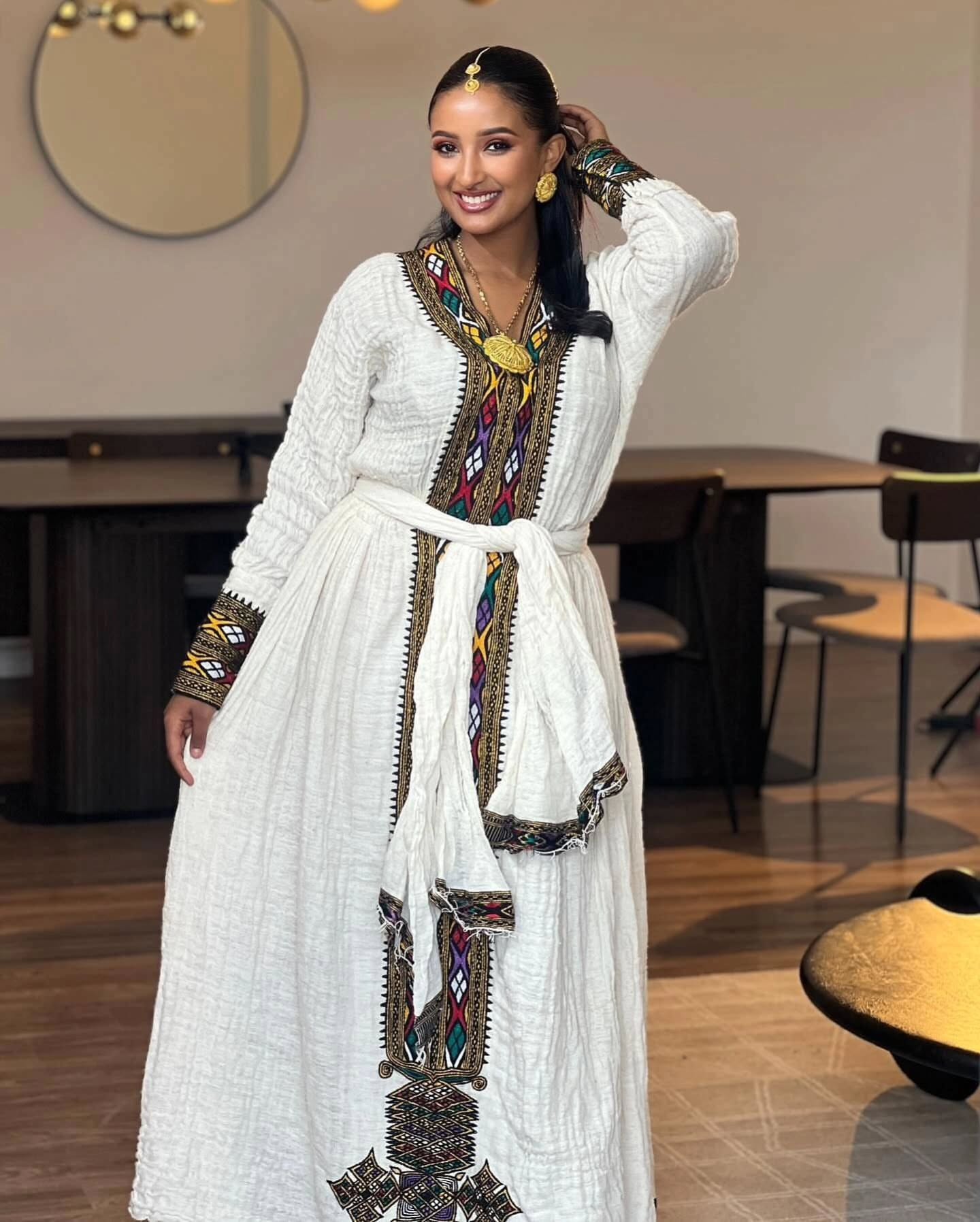 TRINGO LONG SLEEVE HABESHA KEMIS | ETHIOPIAN DRESS WITH MULTICOLOR EMBROIDERY | HABESHA DRESS FOR EVENT