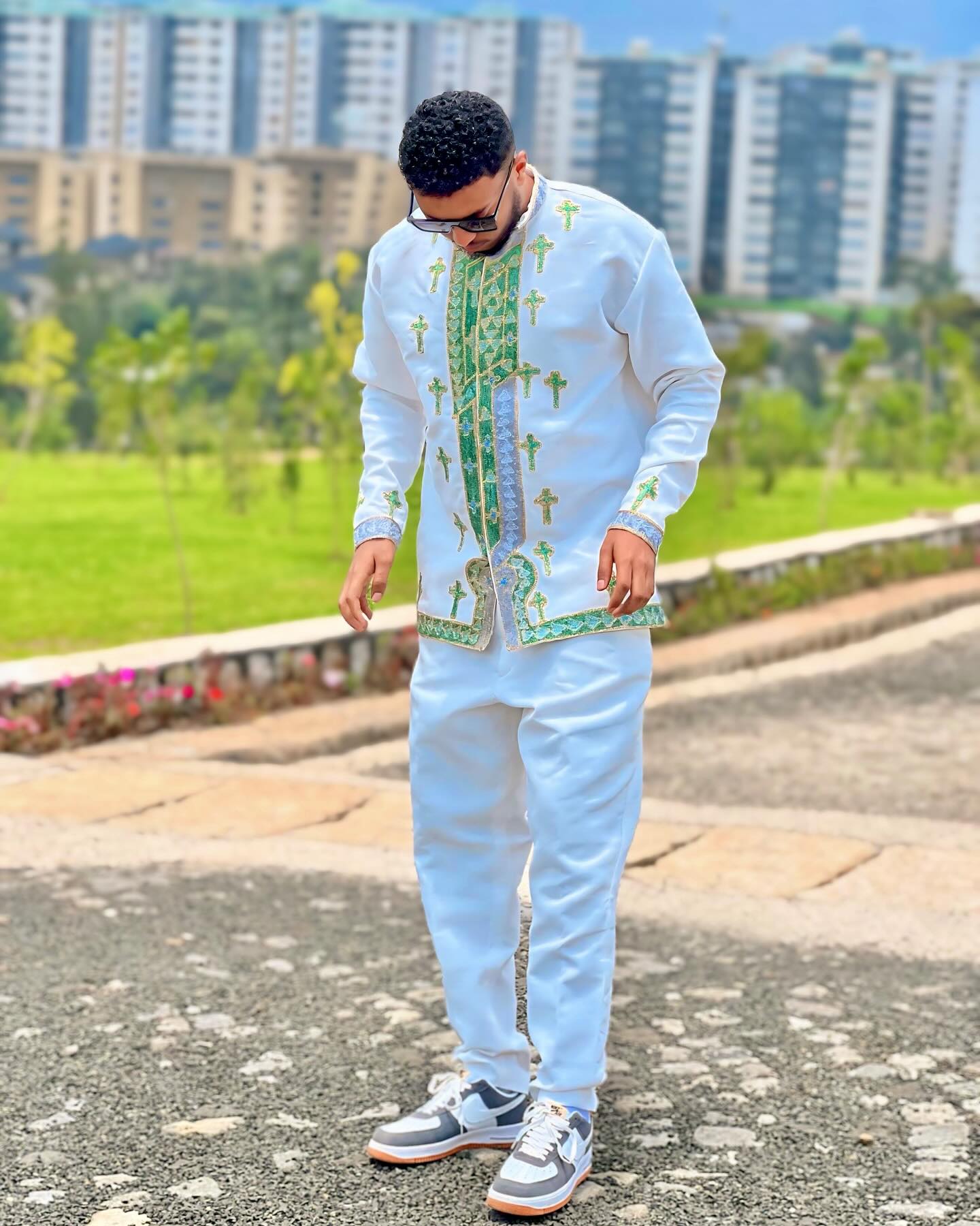 FREZER GREEN EMBROIDERY ETHIOPIAN MEN’S SUIT | HABESHA TRADITIONAL OUTFIT FOR MEN