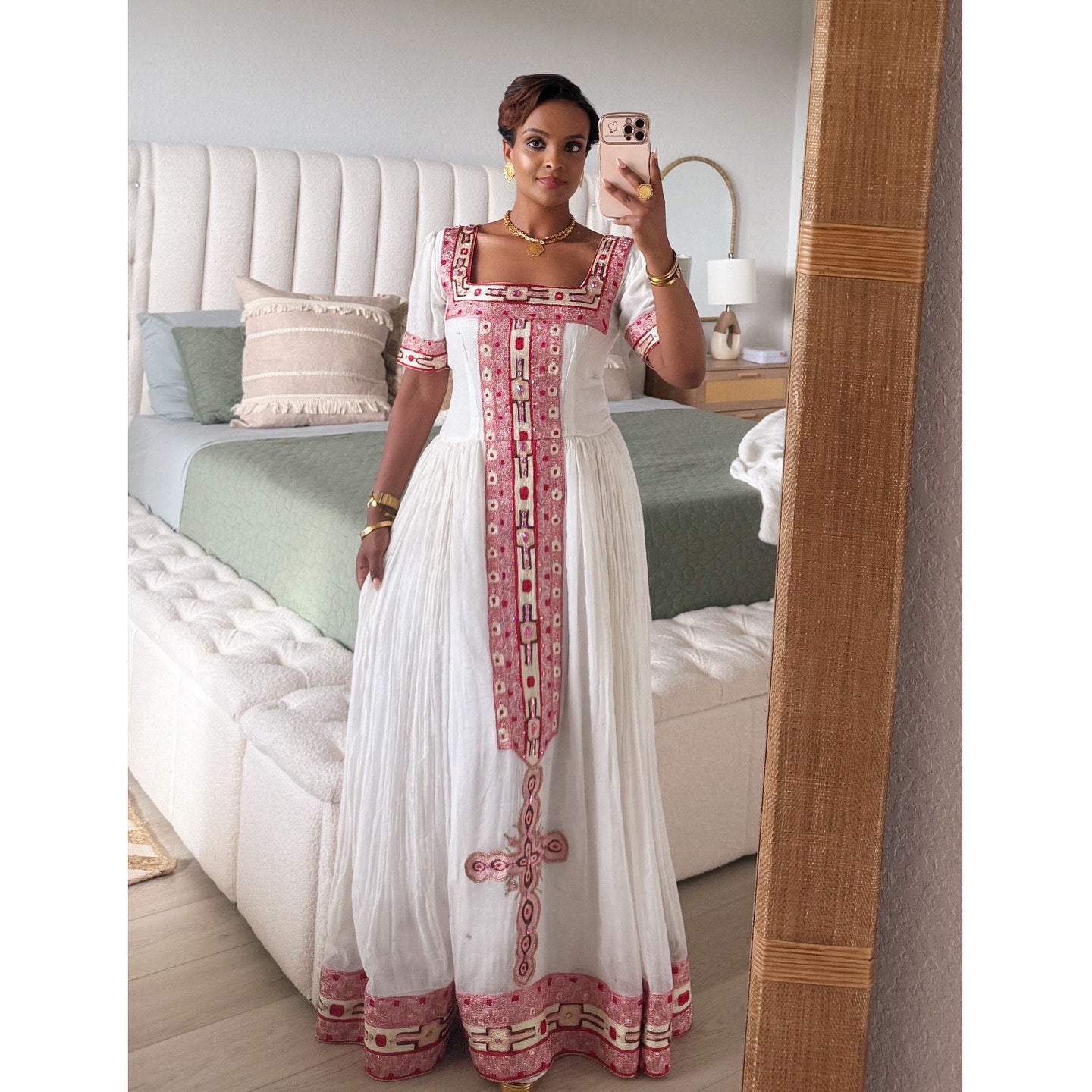 WINTANA TRADITIONAL ETHIOPIAN DRESS | SHORT SLEEVE HABESHA DRESS | PINK EMBROIDERY HABESHA KEMIS