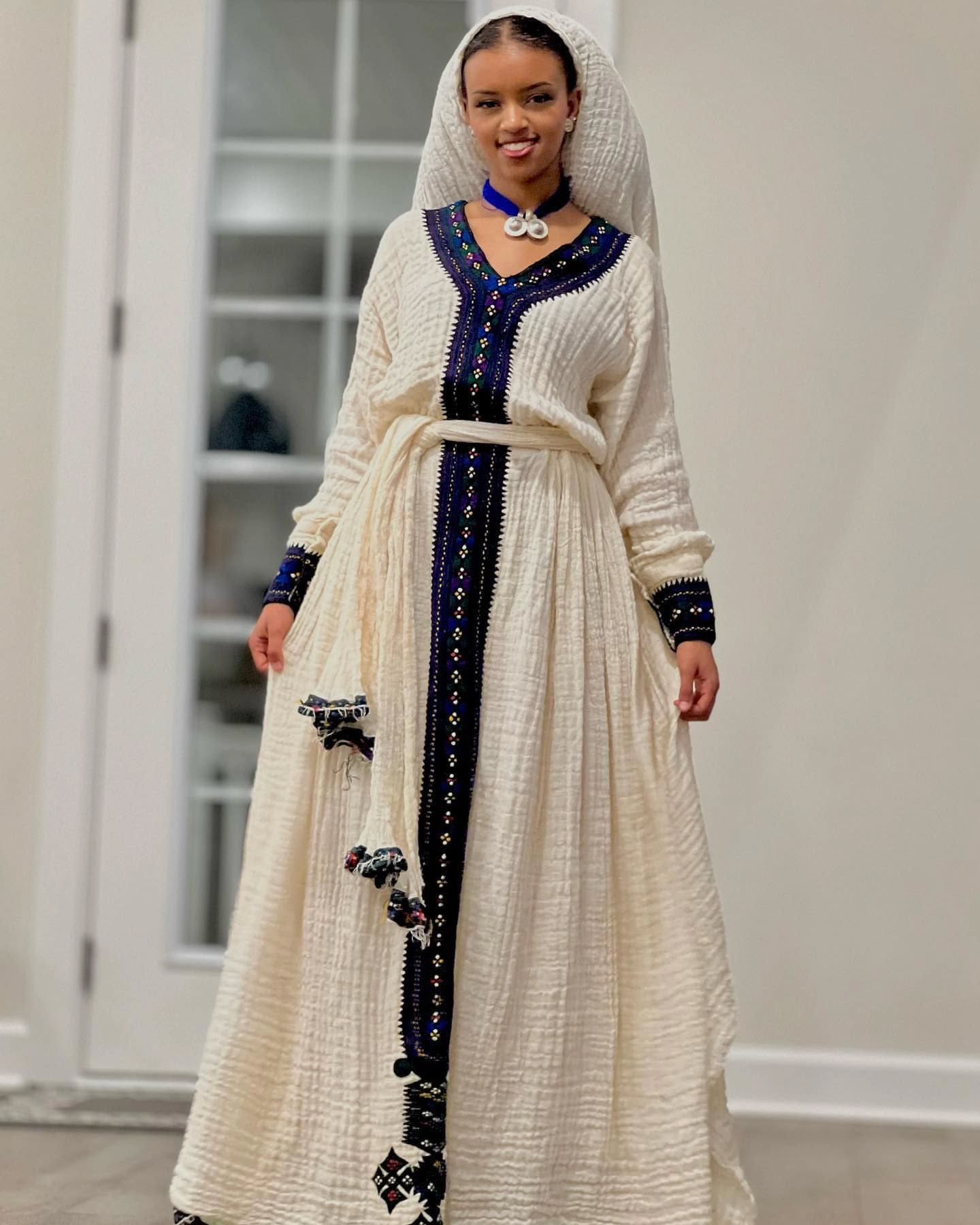 ENAT MULTICOLORED ETHIOPIAN DRESS | V-NECKLINE HABESHA DRESS | TRADITIONAL HABESHA KEMIS