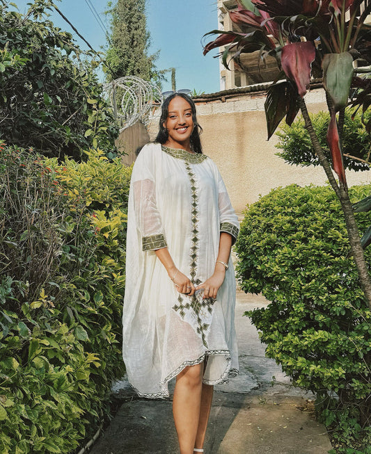 HABESHA KEMIS WITH GREEN EMBROIDERY – ELEGANT HABESHA CLOTH & TRADITIONAL ETHIOPIAN CLOTHING STYLE