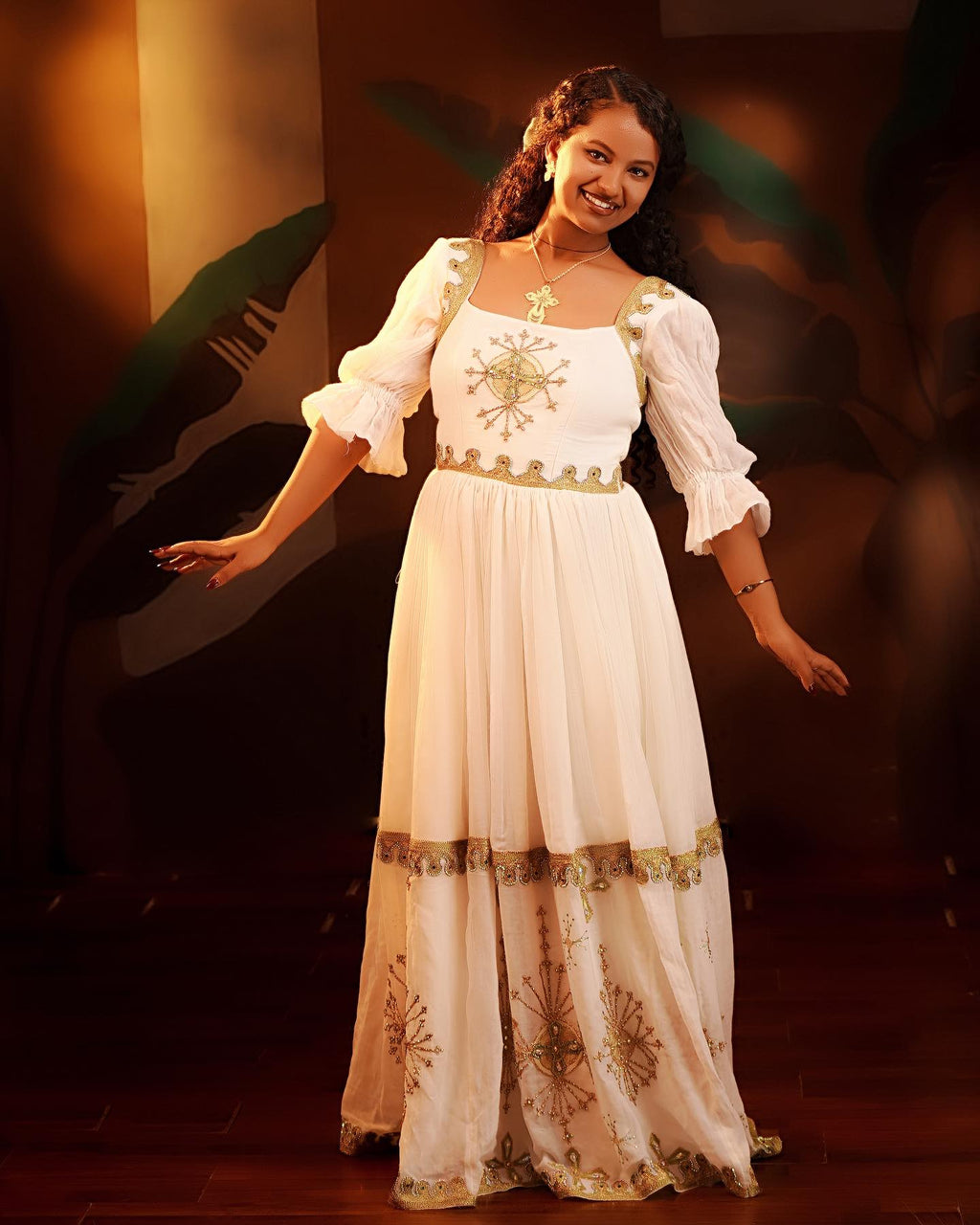 LOMI ETHIOPIAN TRADITIONAL DRESS | AUTHENTIC HABESHA KEMIS | WHITE WITH GOLD DESIGN HABESHA DRESS