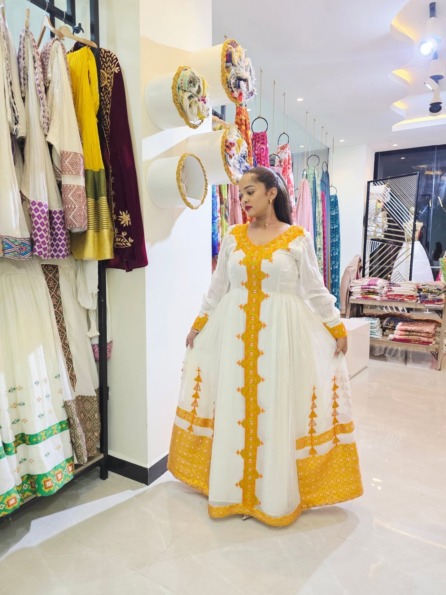 MISLEWERK YELLOW WITH GOLD HABESHA KEMIS | LONG SLEEVE HABESHA DRESS |TRADITIONAL ETHIOPIAN CLOTHING