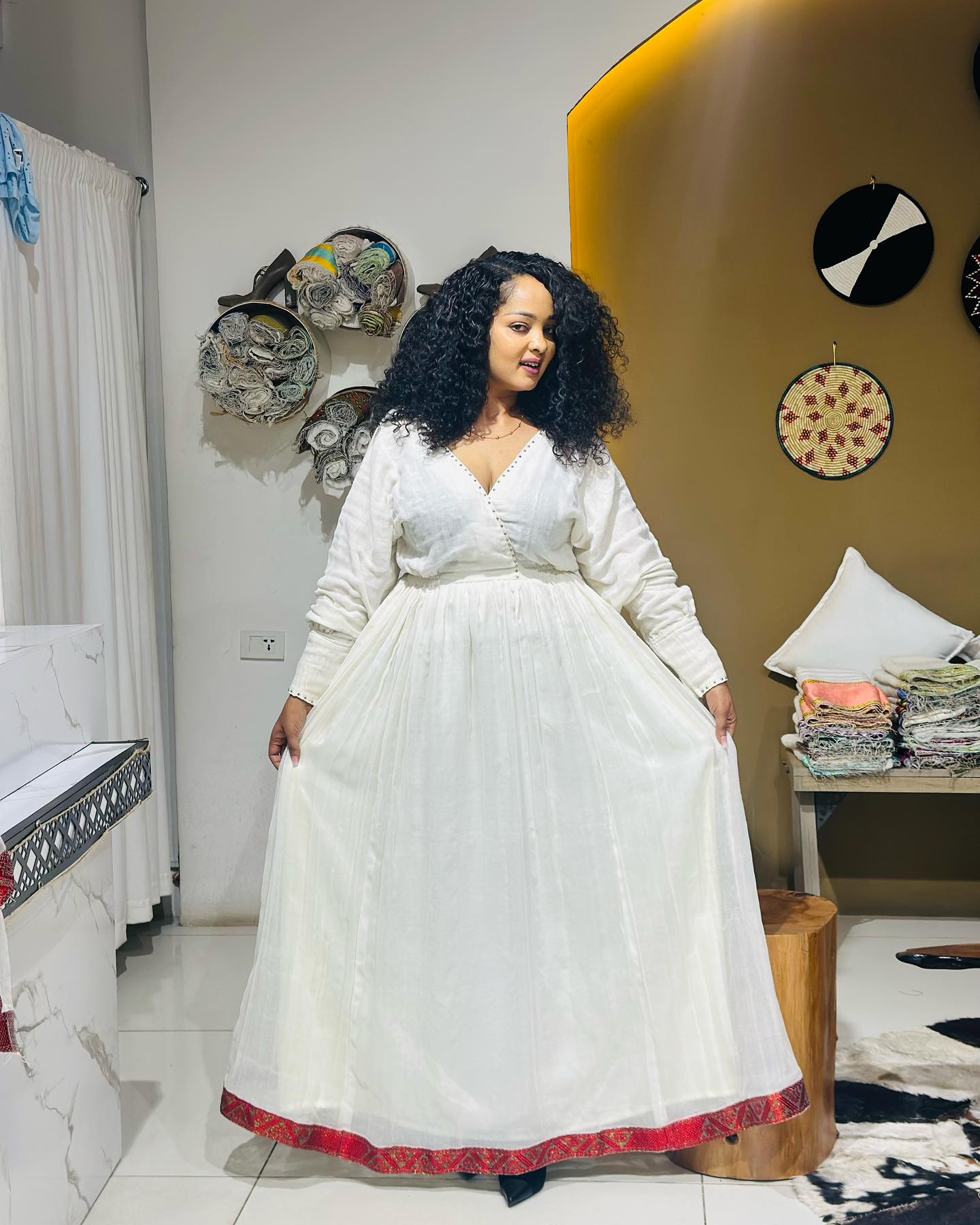 HABESHA KEMIS – WHITE ETHIOPIAN TRADITIONAL DRESS WITH RED PATTERN | HABESHA DRESS