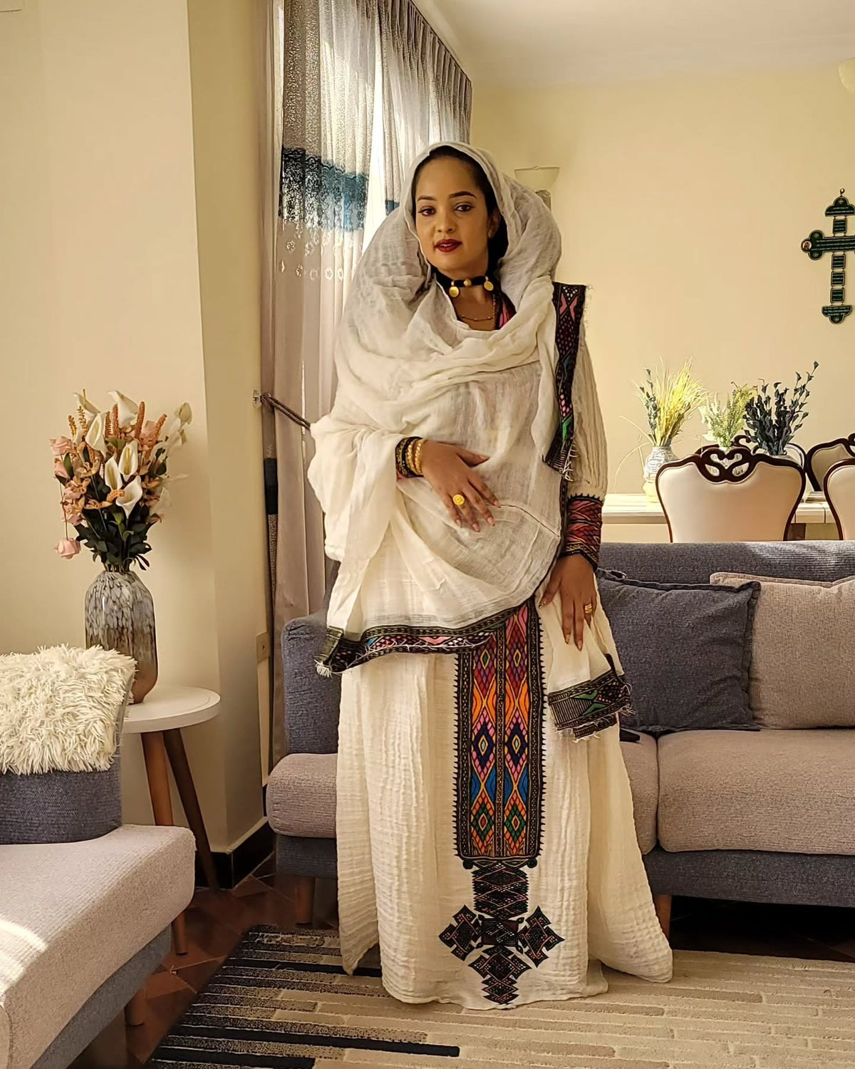 AMEL VIBRANT ETHIOPIAN DRESS | MULTICOLOR EMBROIDERY HABESHA KEMIS | HANDWOVEN HABESHA DRESS