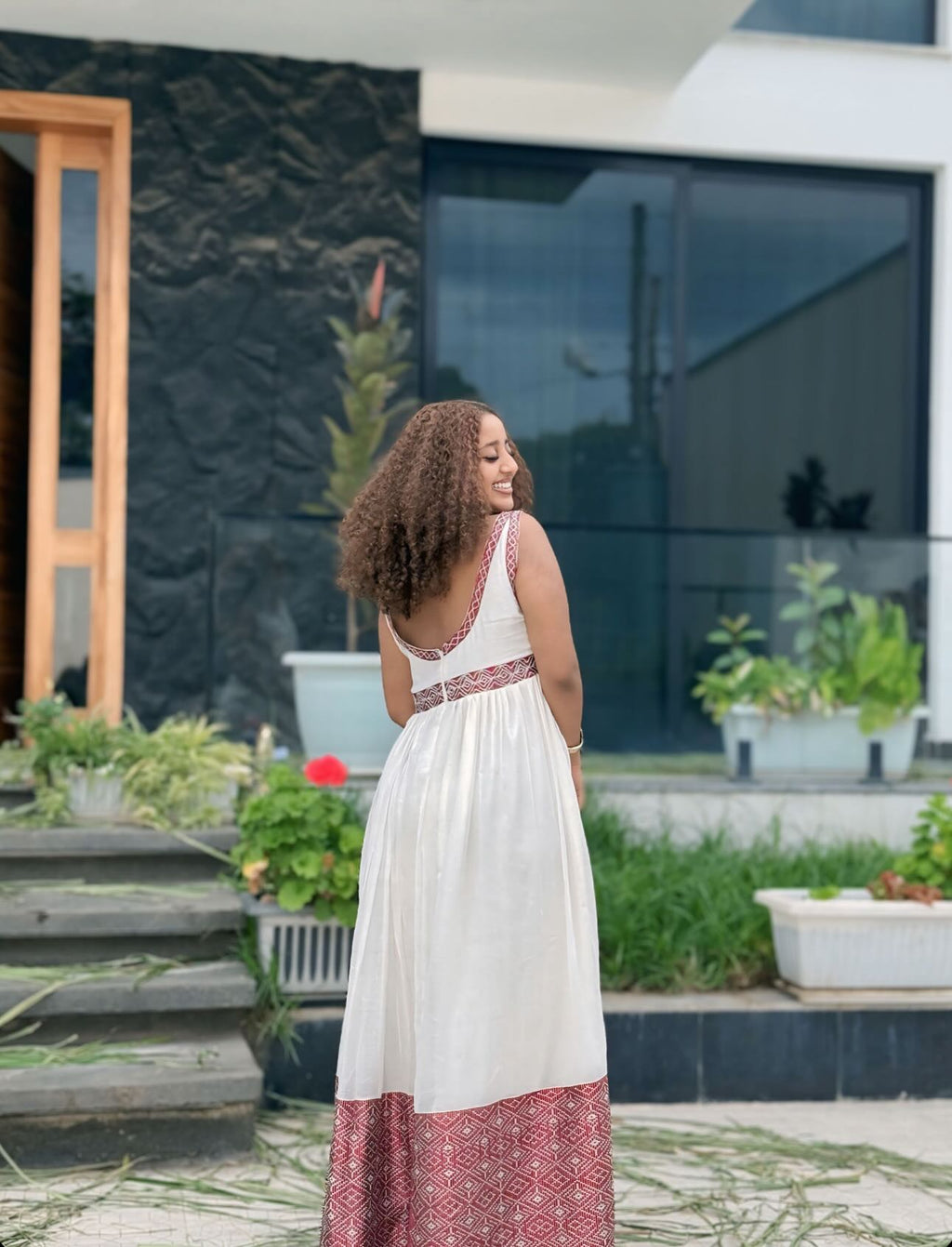 MEDI SLEEVELESS HABESHA KEMIS | CHIC HABESHA DRESS WITH RED PATTERN | INSPIRED BY ETHIOPIAN TRADITIONAL DRESS