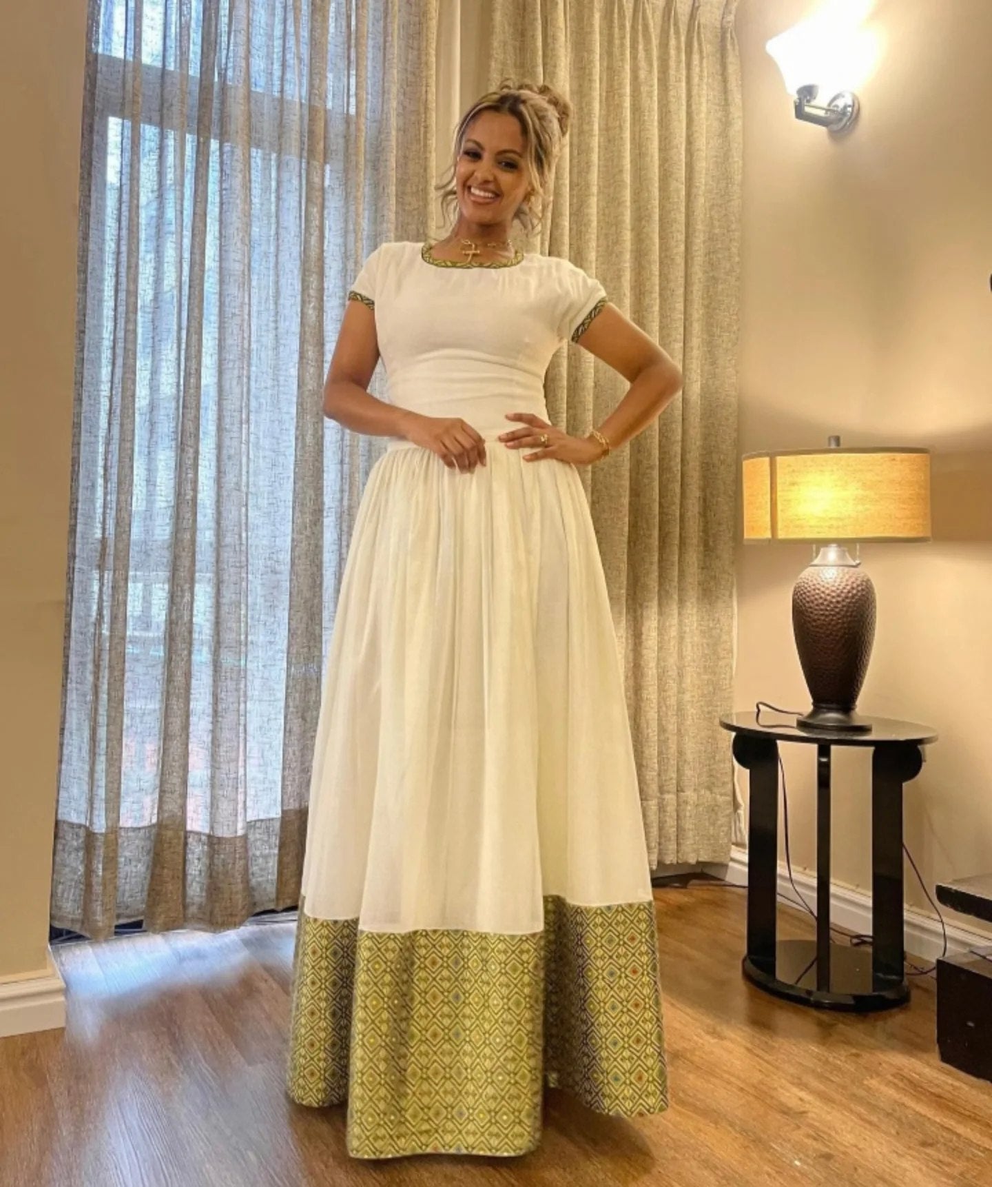 HABESHA KEMIS WHITE DRESS WITH GREEN TRADITIONAL TIBEB