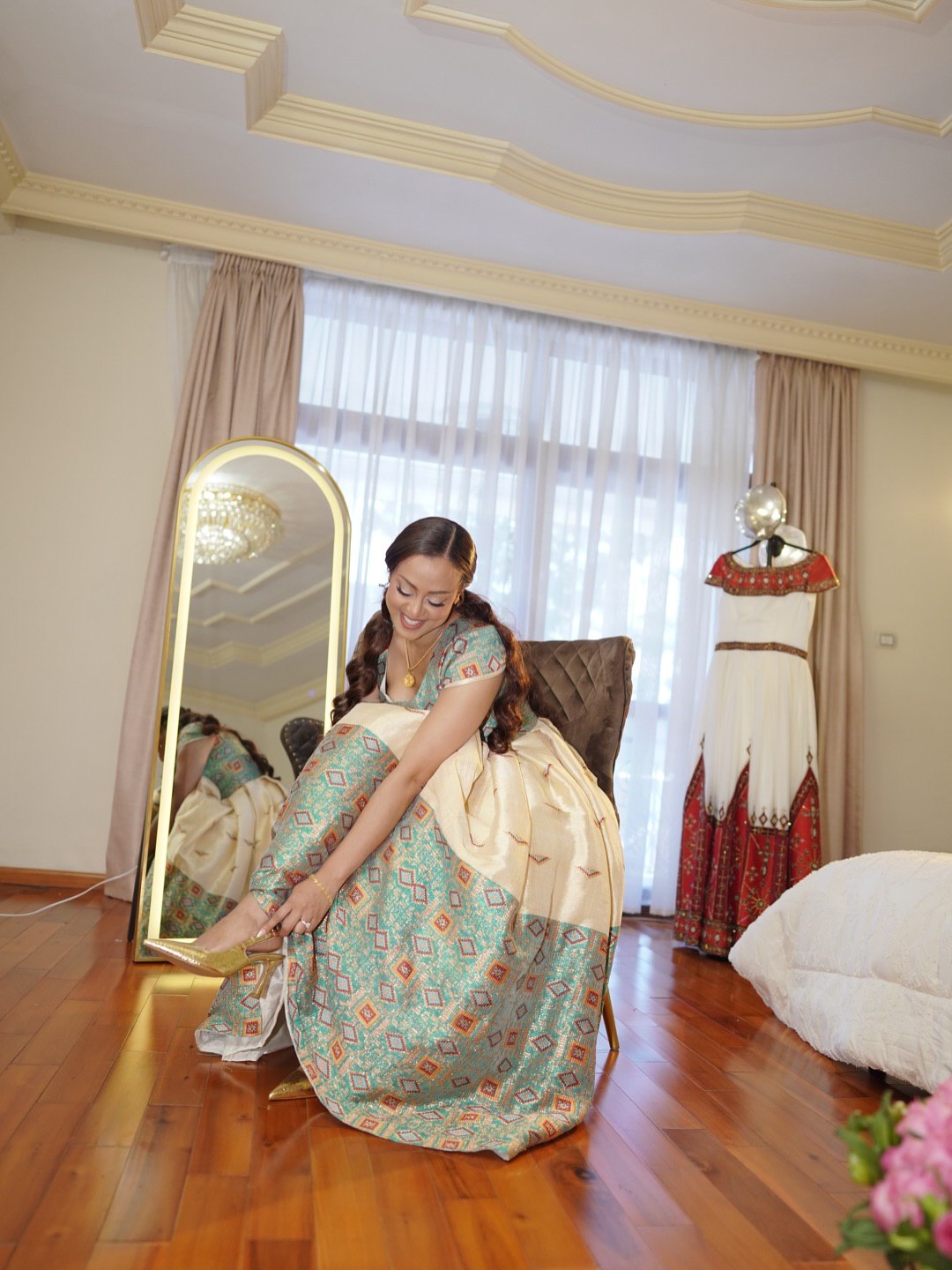 AUTHENTIC HABESHA KEMIS GREEN & GOLD TILET EMBROIDERY ETHIOPIAN DRESS