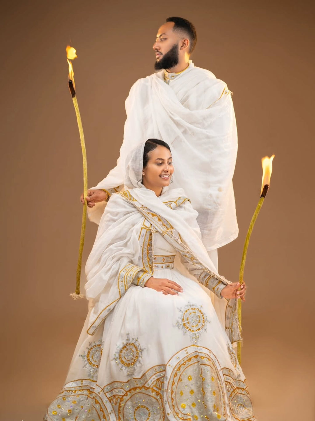 ABREHET HABESHA COUPLE WEAR | MATCHING OUTFIT WITH GOLDEN EMBROIDERY | ETHIOPIAN COUPLE SET STYLE