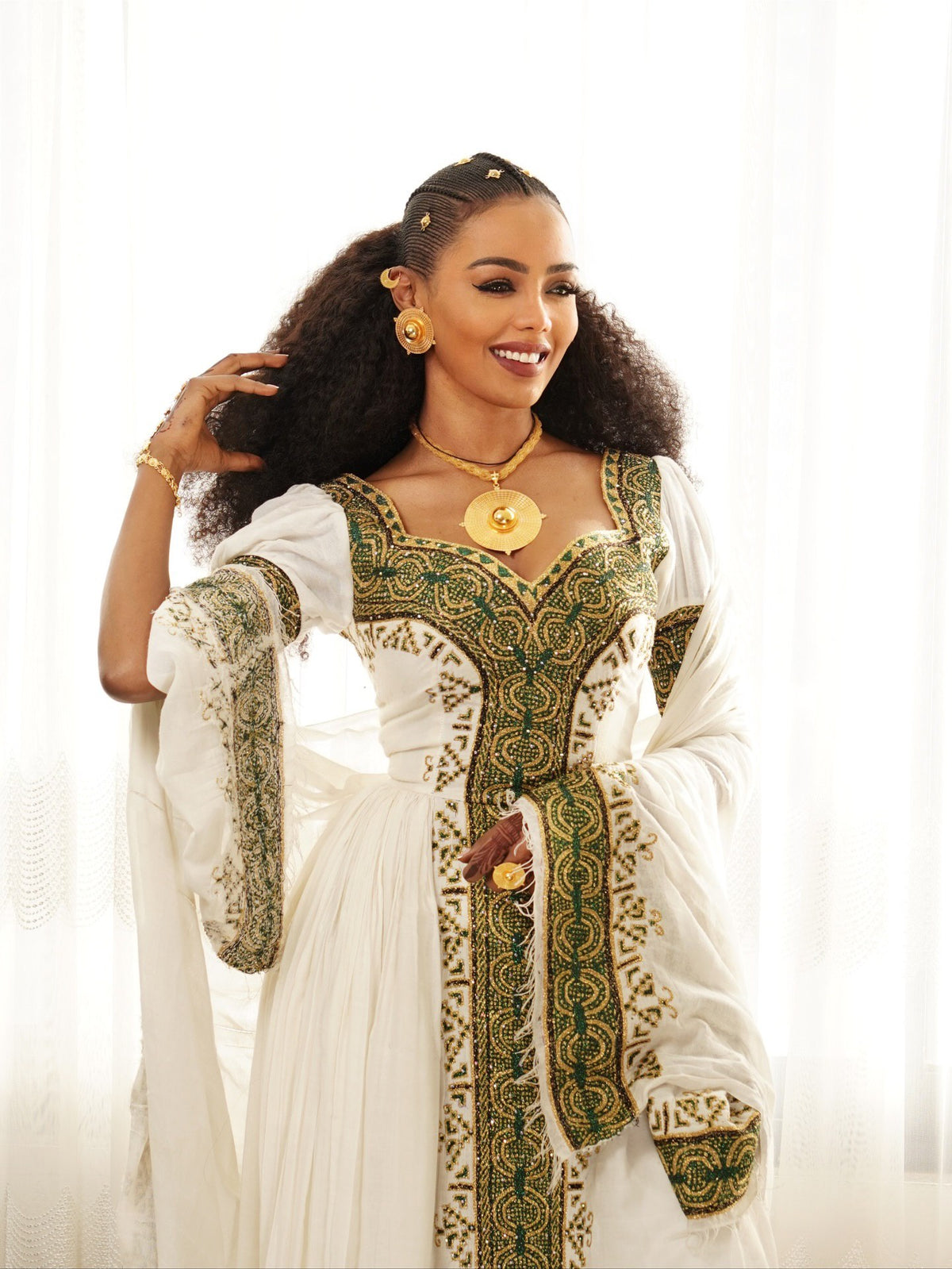 ATKLTI CEREMONIAL ATTIRE HABESHA DRESS | GREEN EMBROIDERY ETHIOPIAN DRESS | HERITAGE INSPIRED HABESHA KEMIS