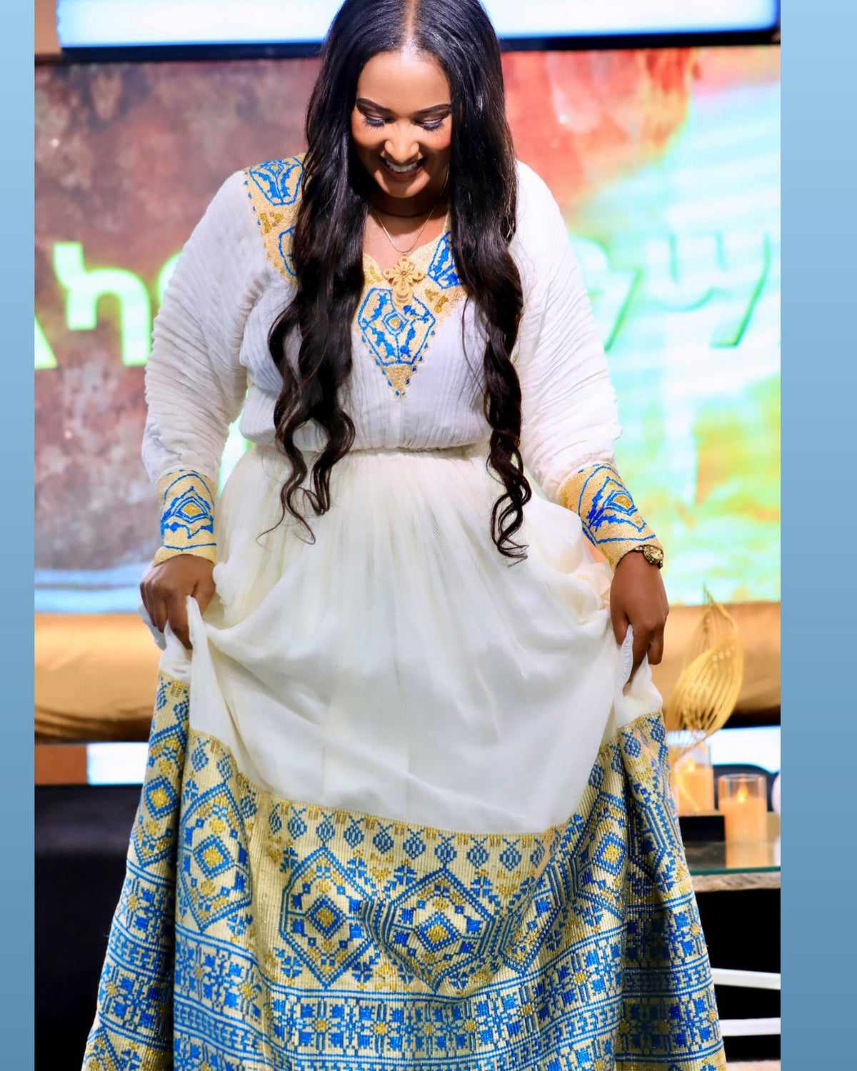 RICH ELEGANT HABESHA KEMIS | BLUE & GOLD HABESHA DRESS | AUTHENTIC ETHIOPIAN CLOTHING
