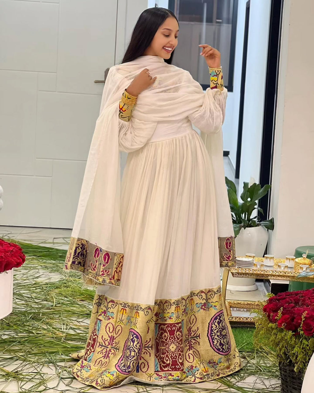 MINA TRADITIONAL ETHIOPIAN DRESS | CULTURAL HABESHA KEMIS | LONG SLEEVE HABESHA DRESS