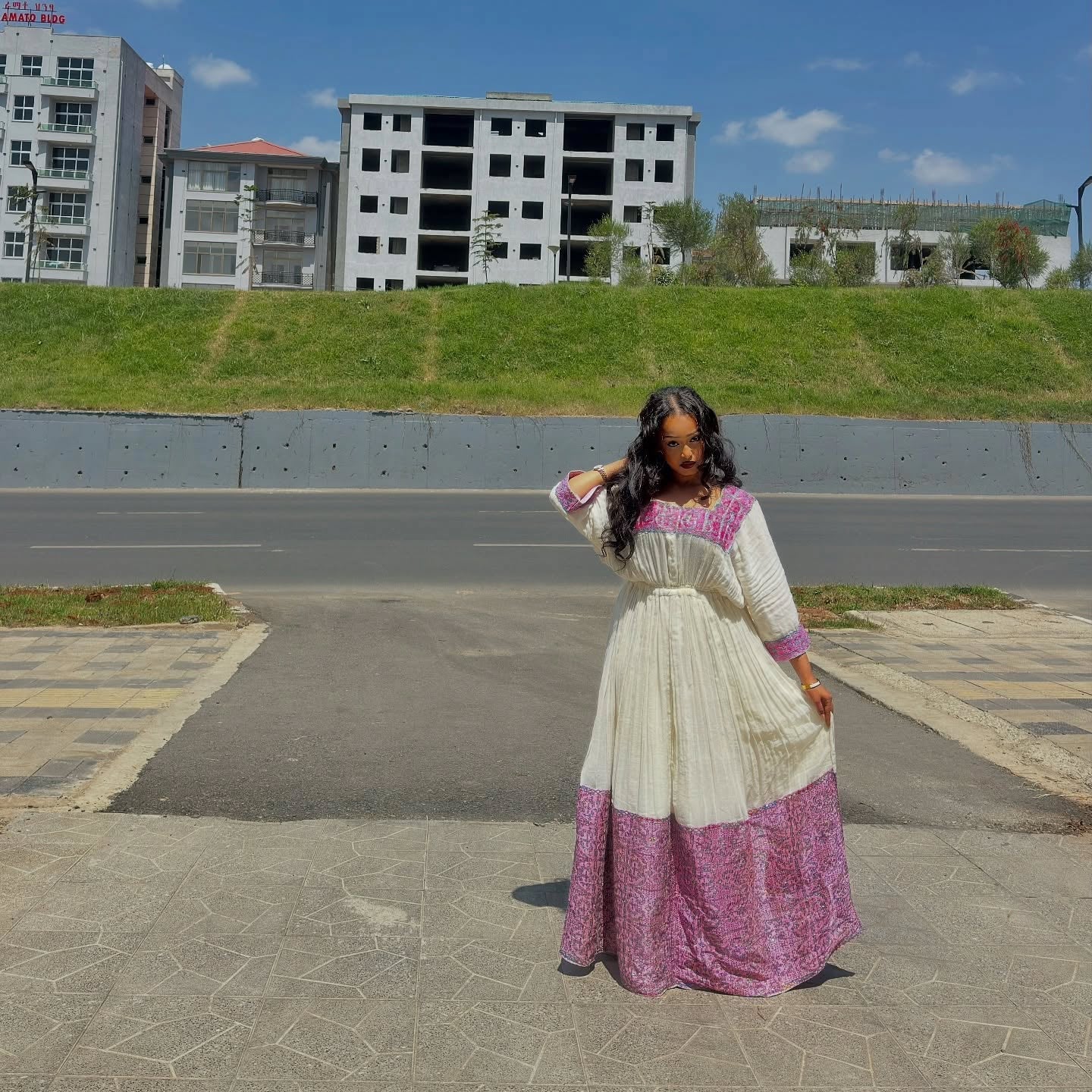 ZINASH ROYAL PURPLE ACCENTED HABESHA KEMIS | ETHIOPIAN HANDWOVEN HABESHA DRESS | ETHIOPIAN CLOTHING