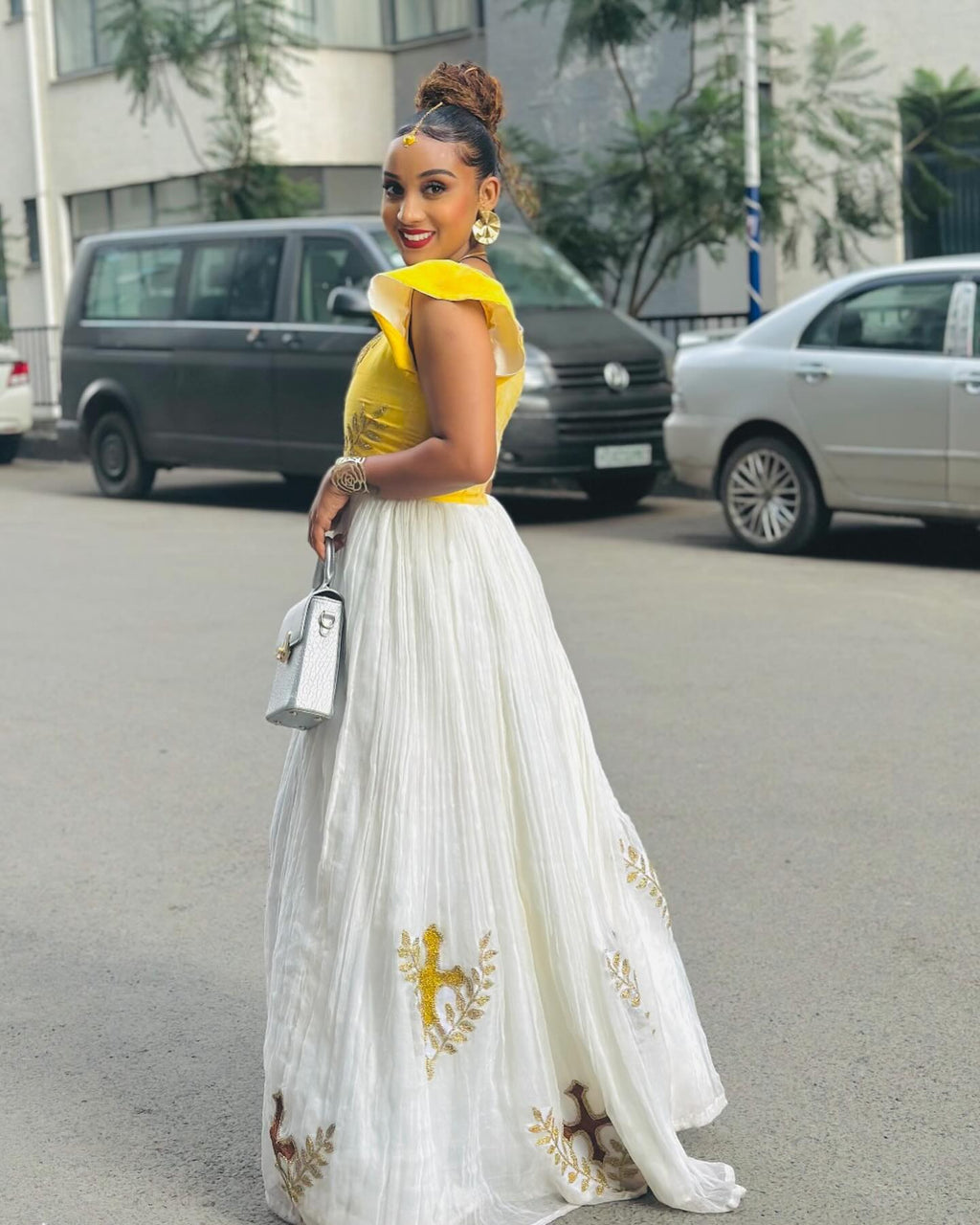 AYELECH YELLOW AND WHITE HABESHA DRESS | ETHIOPIAN DRESS FOR FESTIVE | SHORT SLEEVE HABESHA KEMIS
