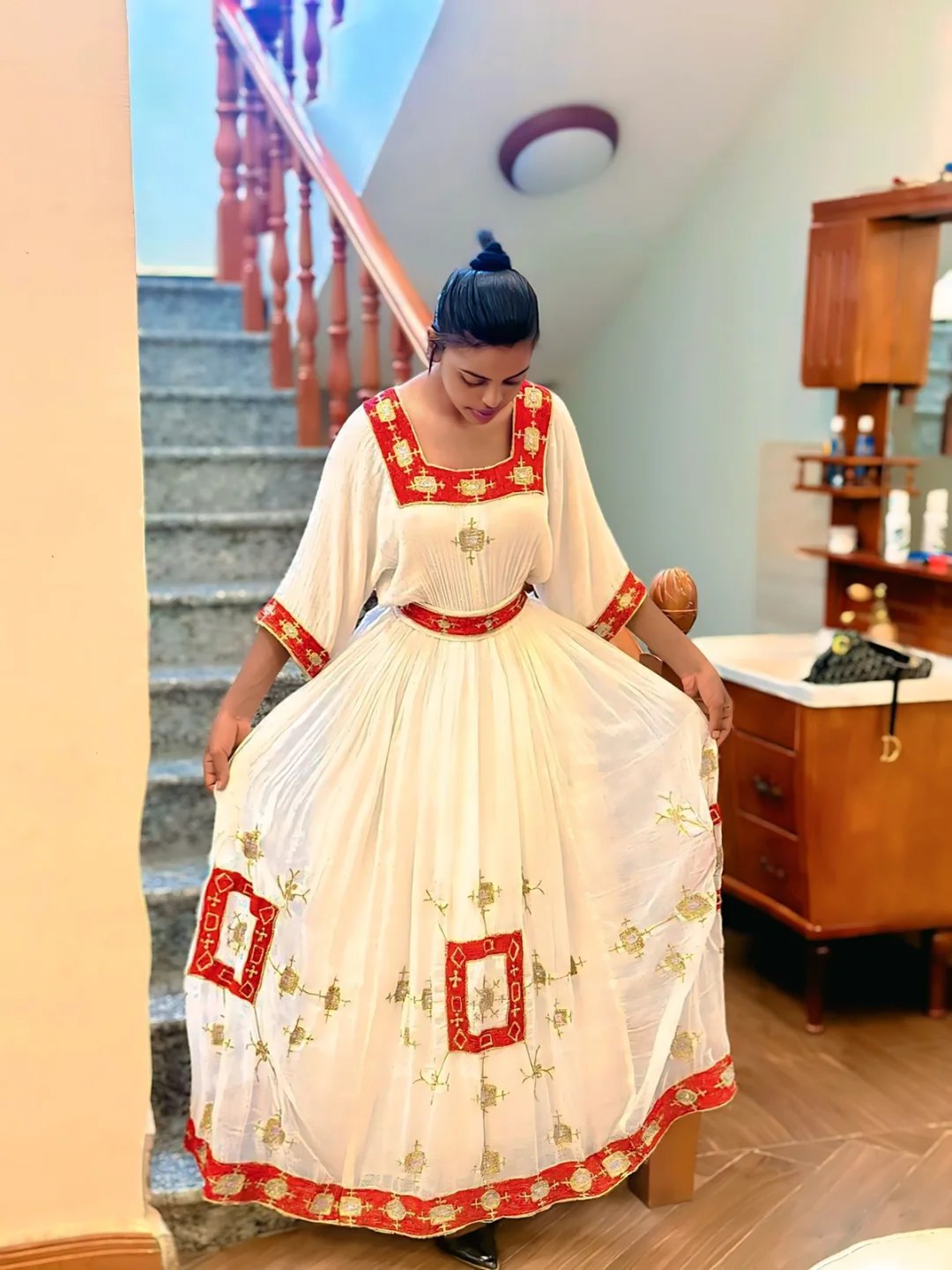 HEBRON RED EMBROIDERY HABESHA DRESS | ETHIOPIAN TRADITIONAL DRESS | HANDWOVEN HABESHA KEMIS