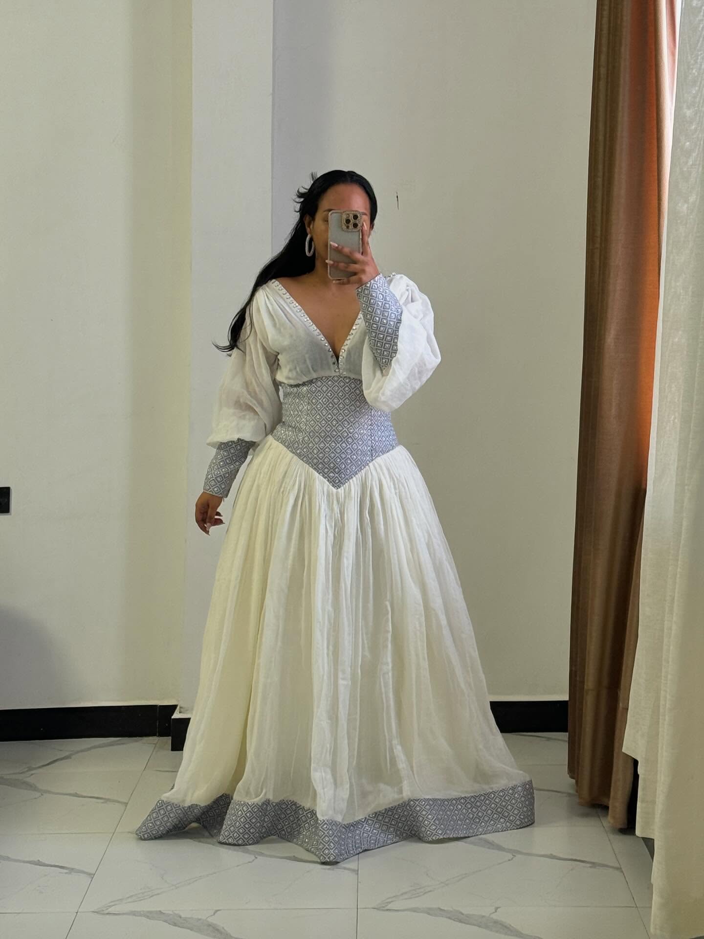 ALEMITU AUTHENTIC HABESHA DRESS | LONG SLEEVE DESIGN ETHIOPIAN TRADITIONAL DRESS | HERITAGE HABESHA KEMIS