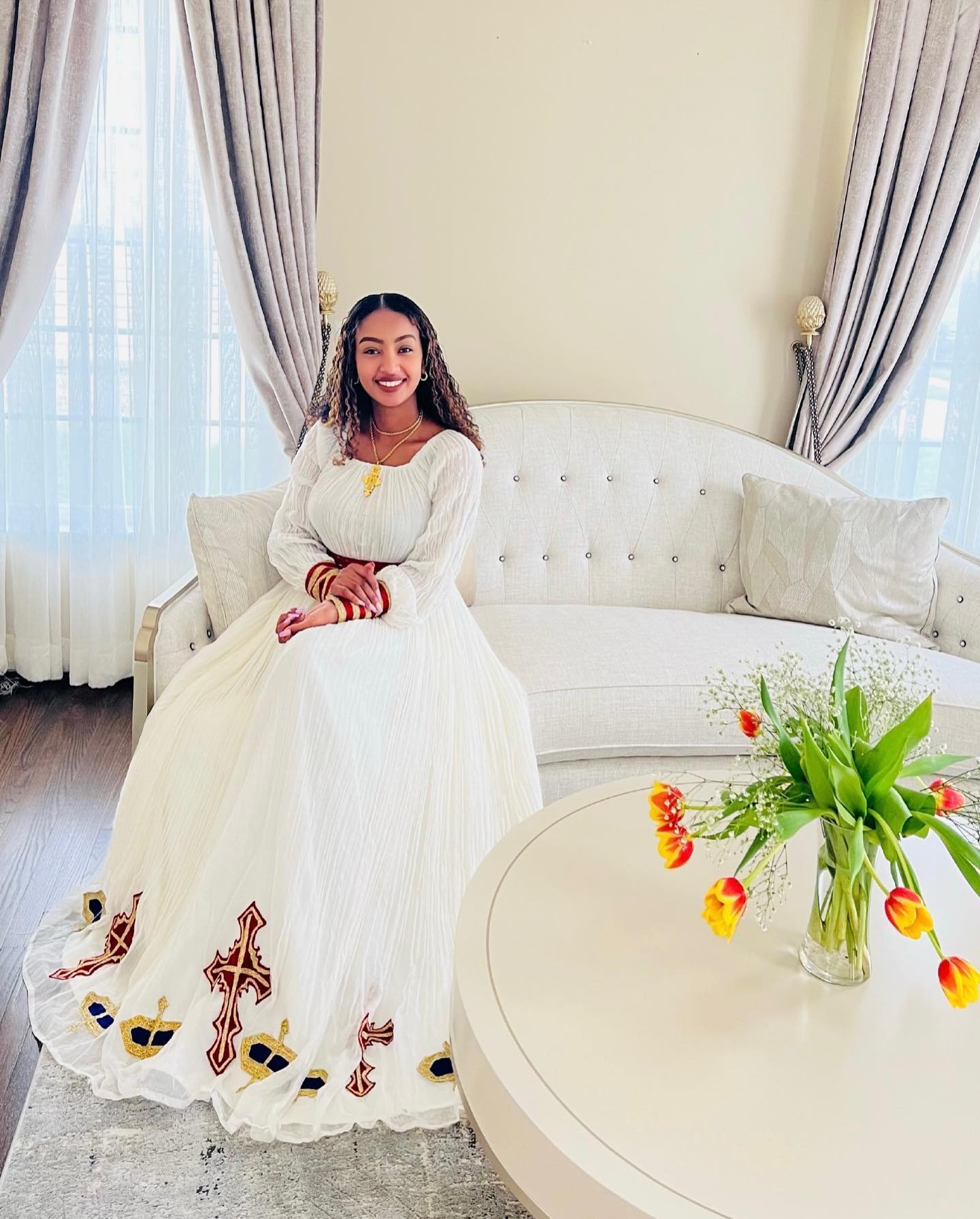 KELEMWERK WHITE HABESHA KEMIS | CROSS EMBROIDERY HABESHA DRESS | ETHIOPIAN TRADITIONAL DRESS