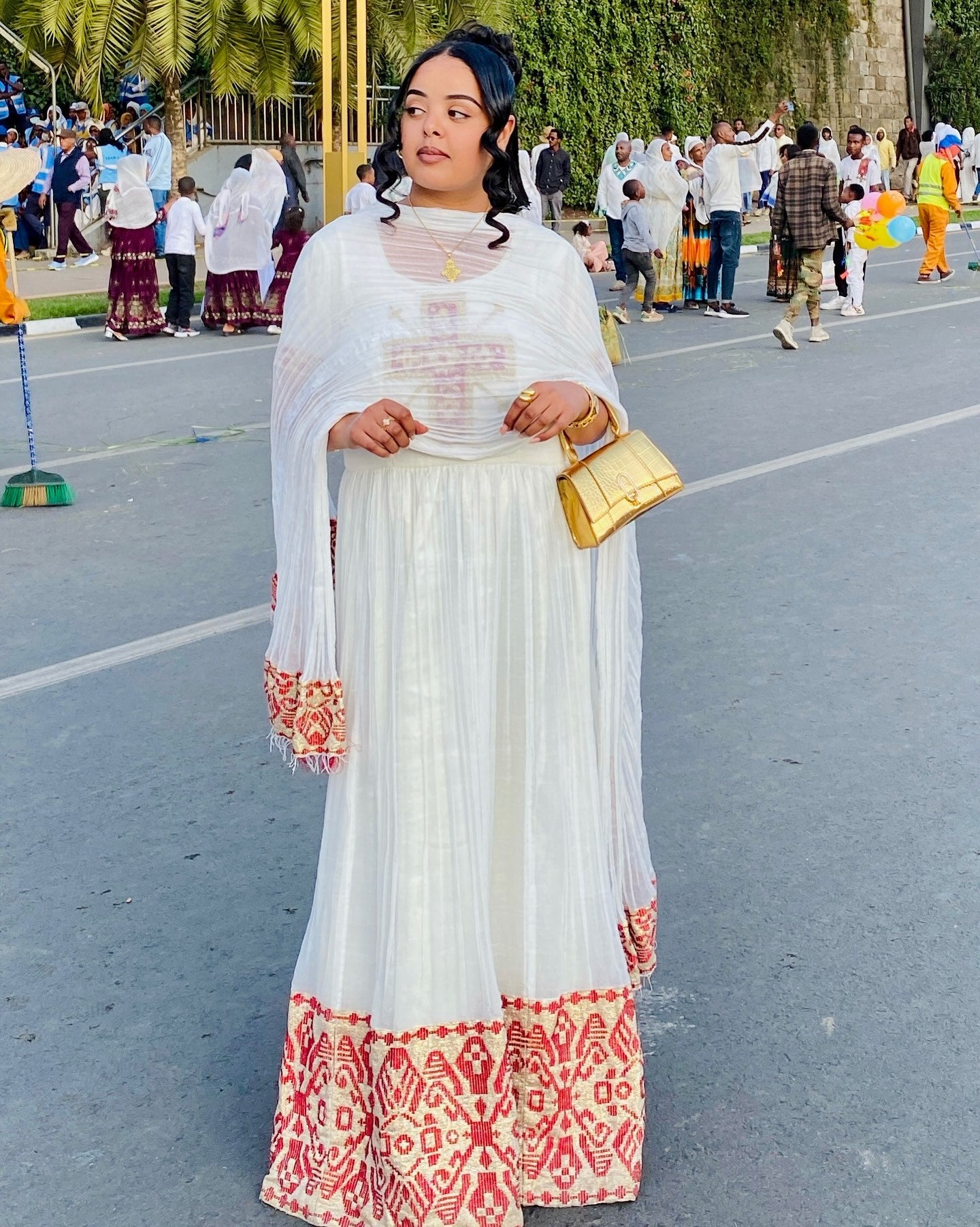 ZENEBU SHORT SLEEVE HABESHA DRESS | AUTHENTIC TRADITIONAL ETHIOPIAN CLOTHING | GOLD AND RED WOVEN HABESHA KEMIS