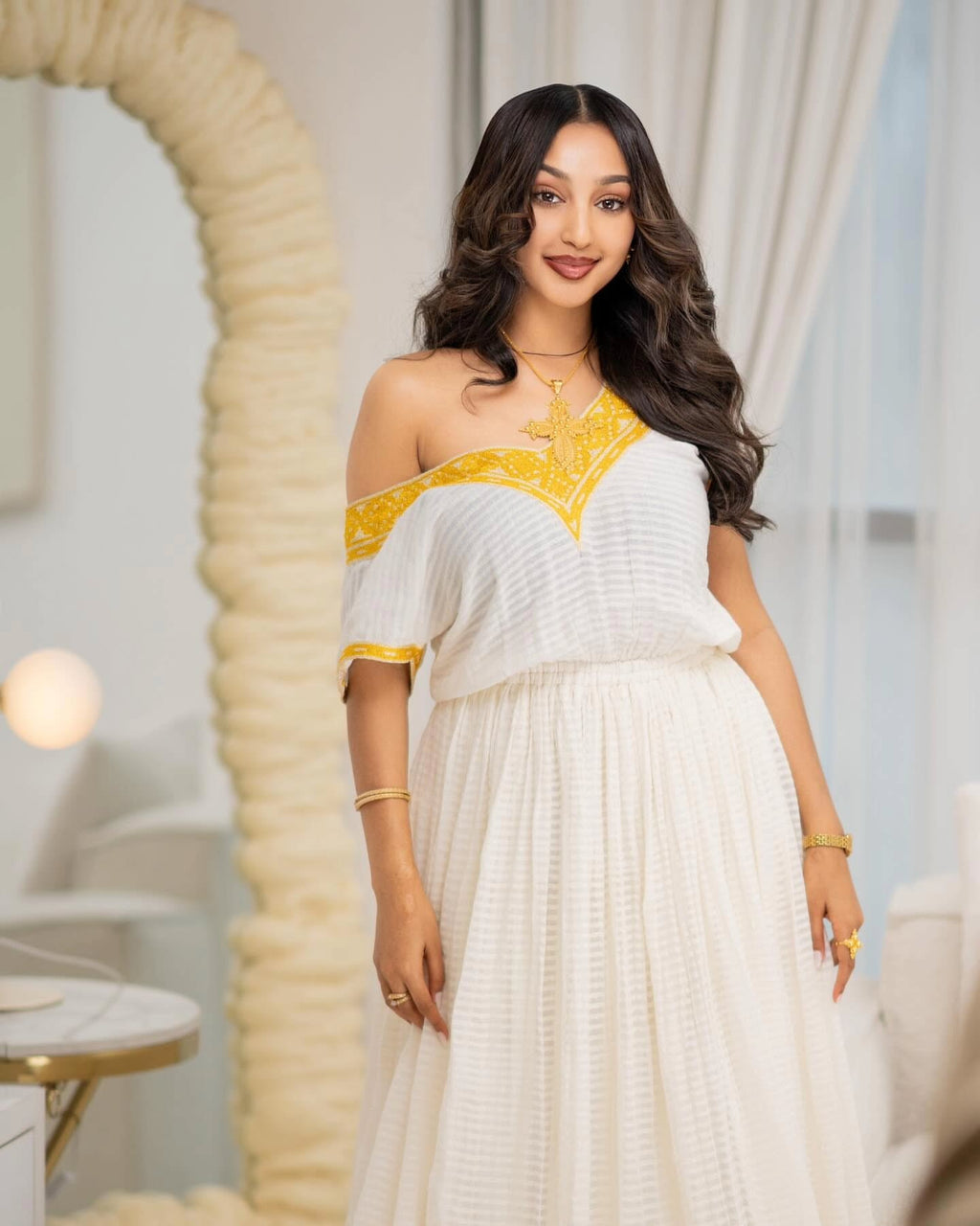 HIYABEY YELLOW WOVEN HABESHA KEMIS | ETHIOPIAN TRADITIONAL DRESS COLLECTION | FESTIVE HABESHA DRESS