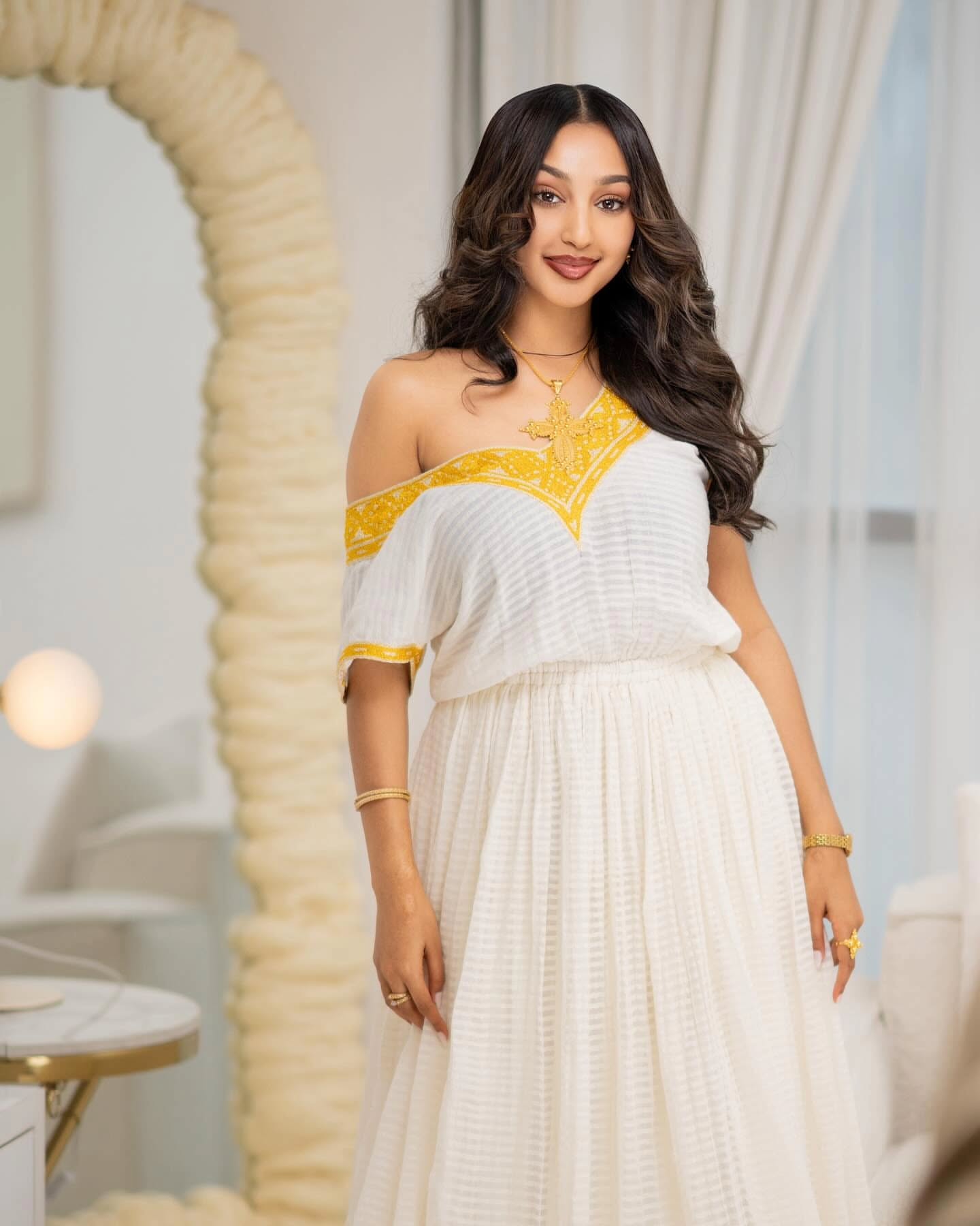 HIYABEY YELLOW WOVEN HABESHA KEMIS | ETHIOPIAN TRADITIONAL DRESS COLLECTION | FESTIVE HABESHA DRESS