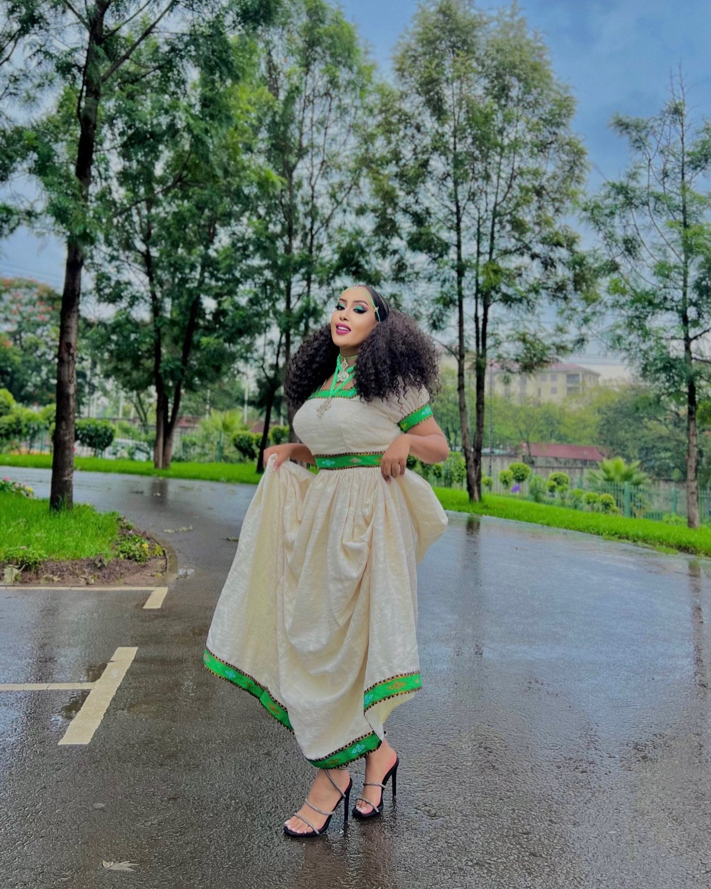 LISH SHORT SLEEVE HABESHA DRESS | GREEN PATTERN HABESHA KEMIS | ETHIOPIAN TRADITIONAL DRESS STYLE