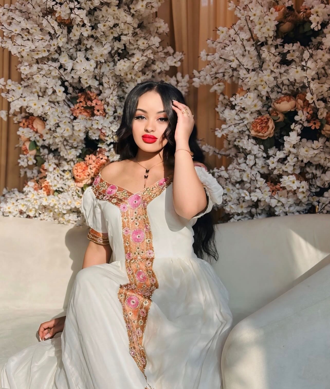 AKBERET OFF-SHOULDER HABESHA DRESS | GOLD AND PINK EMBROIDERY HABESHA DRESS | ETHIOPIAN TRADITIONAL DRESS