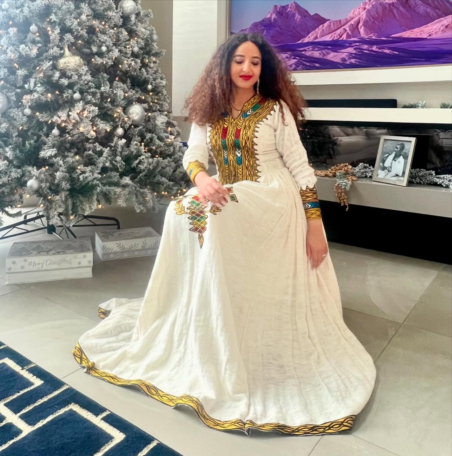 DADU MULTICOLOR ETHIOPIAN DRESS | LONG SLEEVE HABESHA KEMIS | DESIGNED AS A CLASSIC HABESHA DRESS