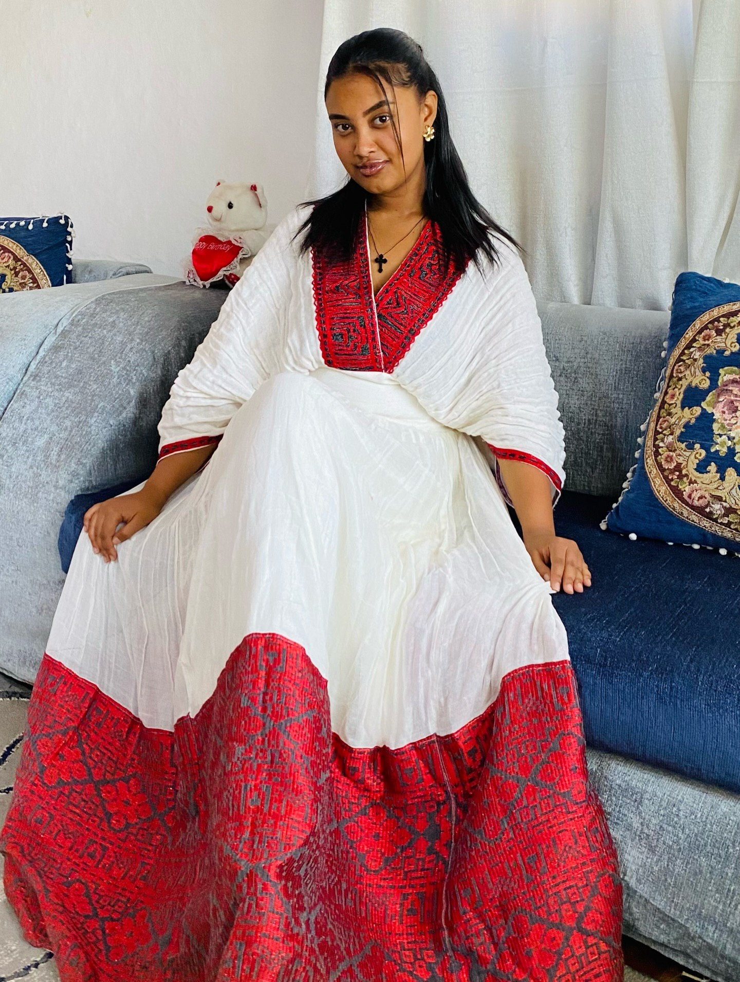 HABU AUTHENTIC RED WOVEN HABESHA KEMIS | TRADITIONAL ETHIOPIAN DRESS | V-NECKLINE HABESHA DRESS