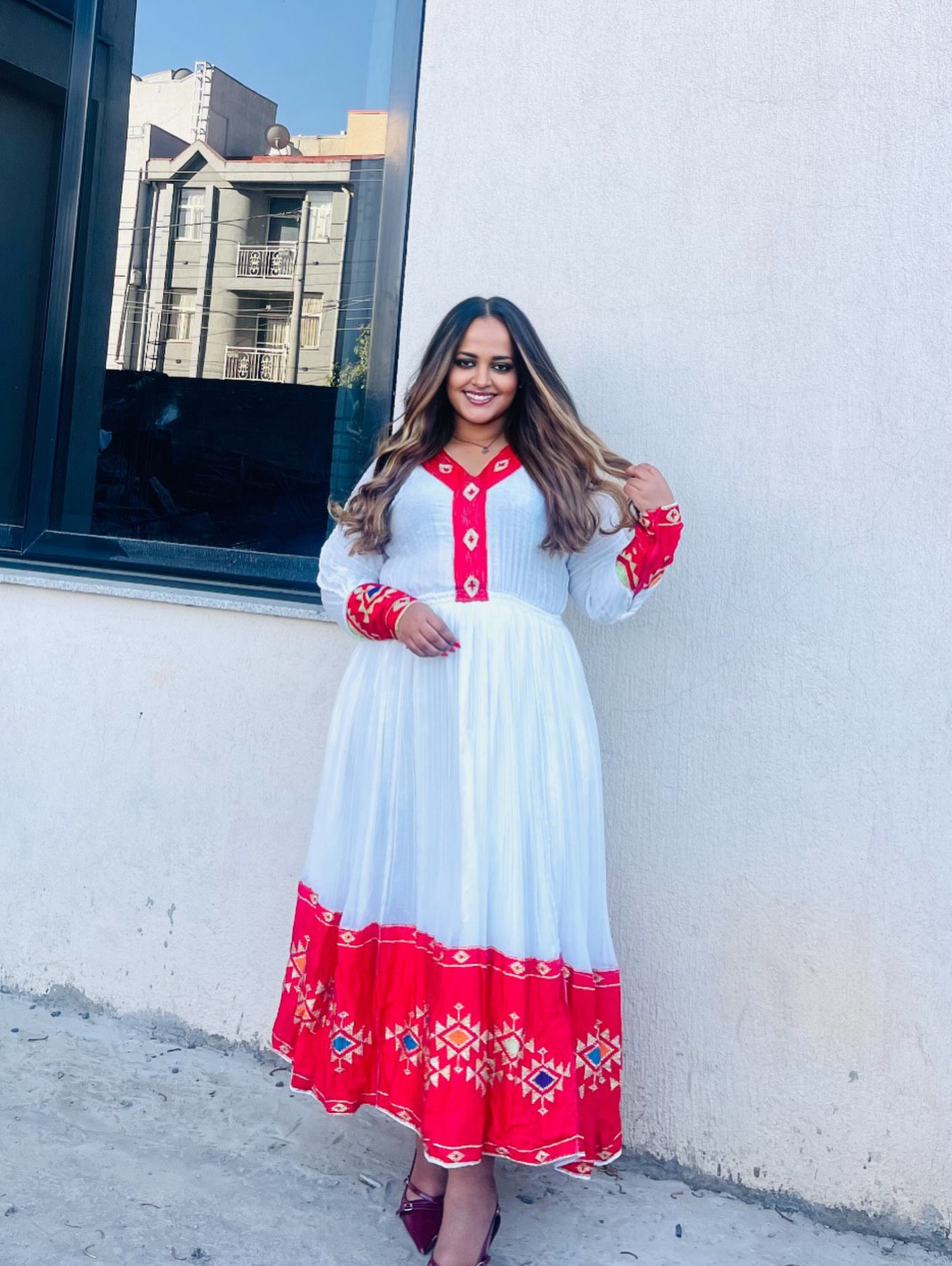 MEKLITNESH TRADITIONAL LONG SLEEVE HABESHA KEMIS | RED WOVEN DESIGN HABESHA DRESS | CULTURAL ETHIOPIAN DRESS