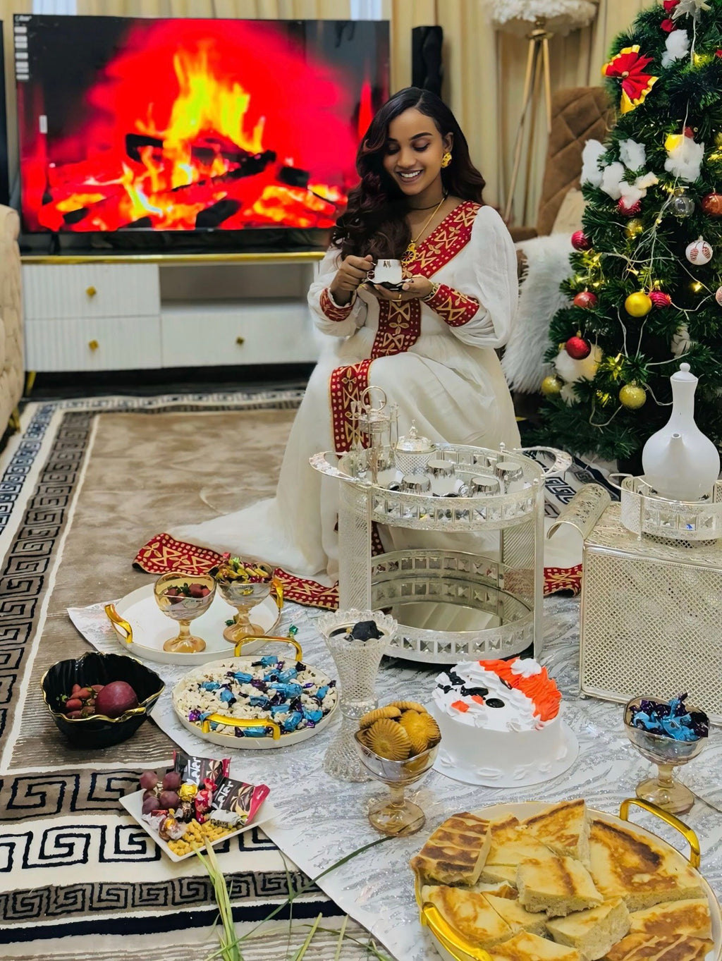 EMY LONG SLEEVE DESIGN HABESHA DRESS | RED AND GOLDEN EMBELLISHMENT HABESHA KEMIS | ETHIOPIAN CLOTHING STYLE