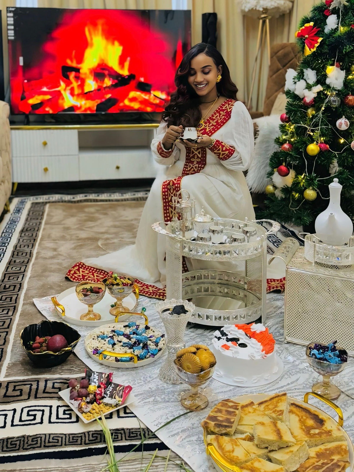 EMY LONG SLEEVE DESIGN HABESHA DRESS | RED AND GOLDEN EMBELLISHMENT HABESHA KEMIS | ETHIOPIAN CLOTHING STYLE