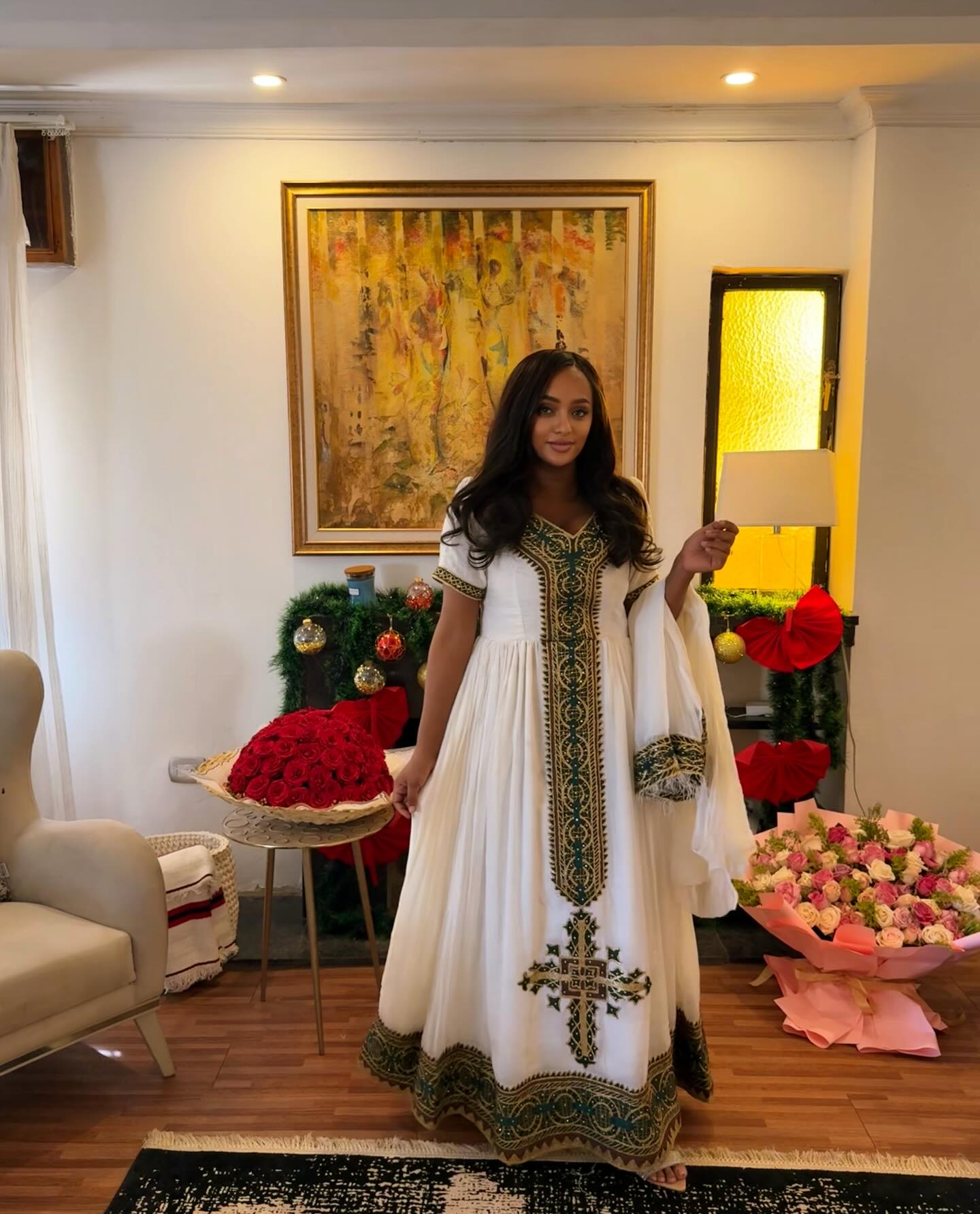 HABESHA KEMIS & HABESHA DRESS | ETHIOPIAN DRESS WITH SHORT SLEEVE HABESHA DRESS WITH GREEN EMBROIDERY