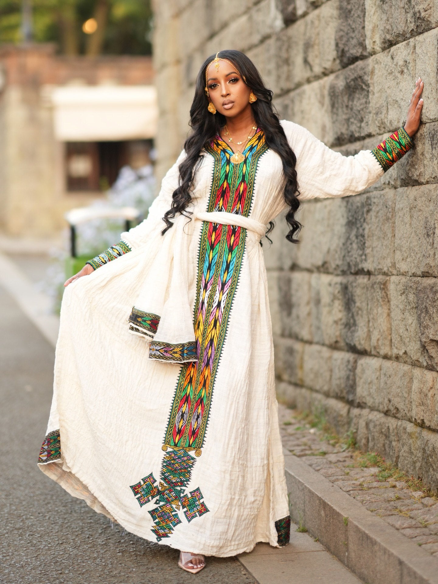 NETSITA TRADITIONAL HABESHA DRESS | LONG SLEEVE HABESHA KEMIS | COLORFUL EMBROIDERY ETHIOPIAN DRESS