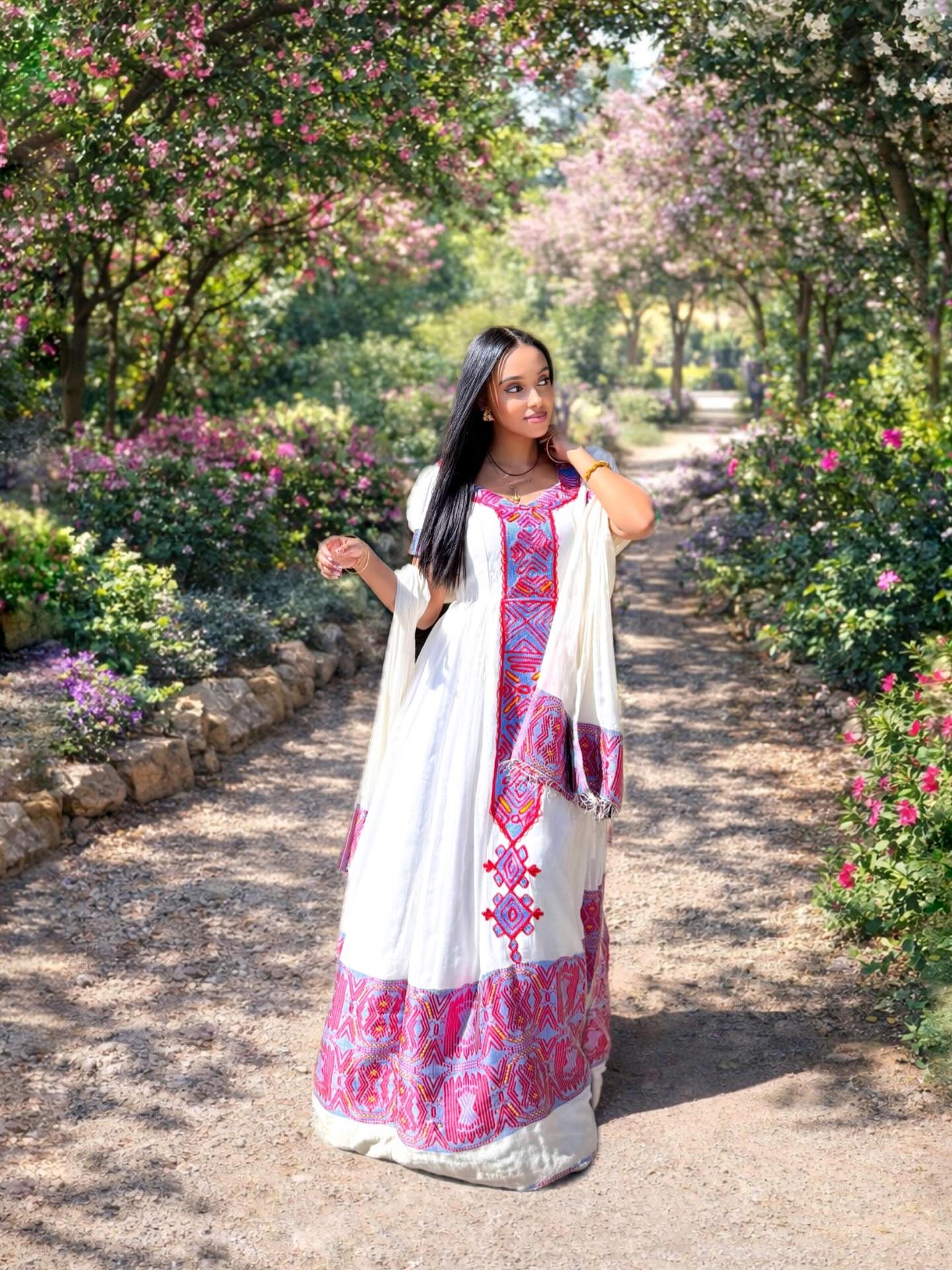 NIGATNESH TRADITIONAL ETHIOPIAN CLOTHING | SHORT SLEEVE HABESHA DRESS | HANDWOVEN HABESHA KEMIS