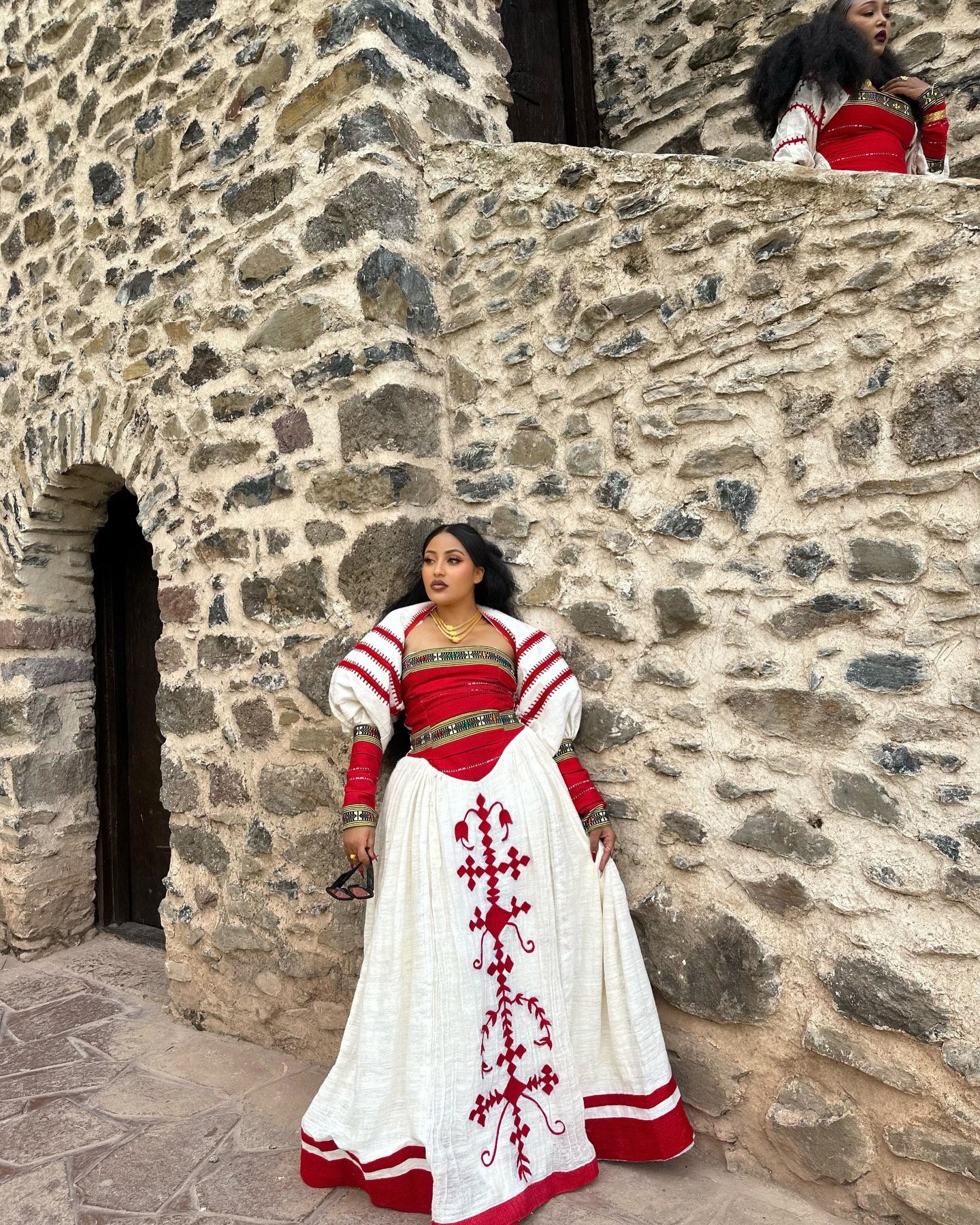 TINEBEB TRADITIONAL WHITE HABESHA KEMIS WITH RED DETAILS | ETHIOPIAN CLOTHING | HABESHA DRESS FOR CULTURAL EVENTS