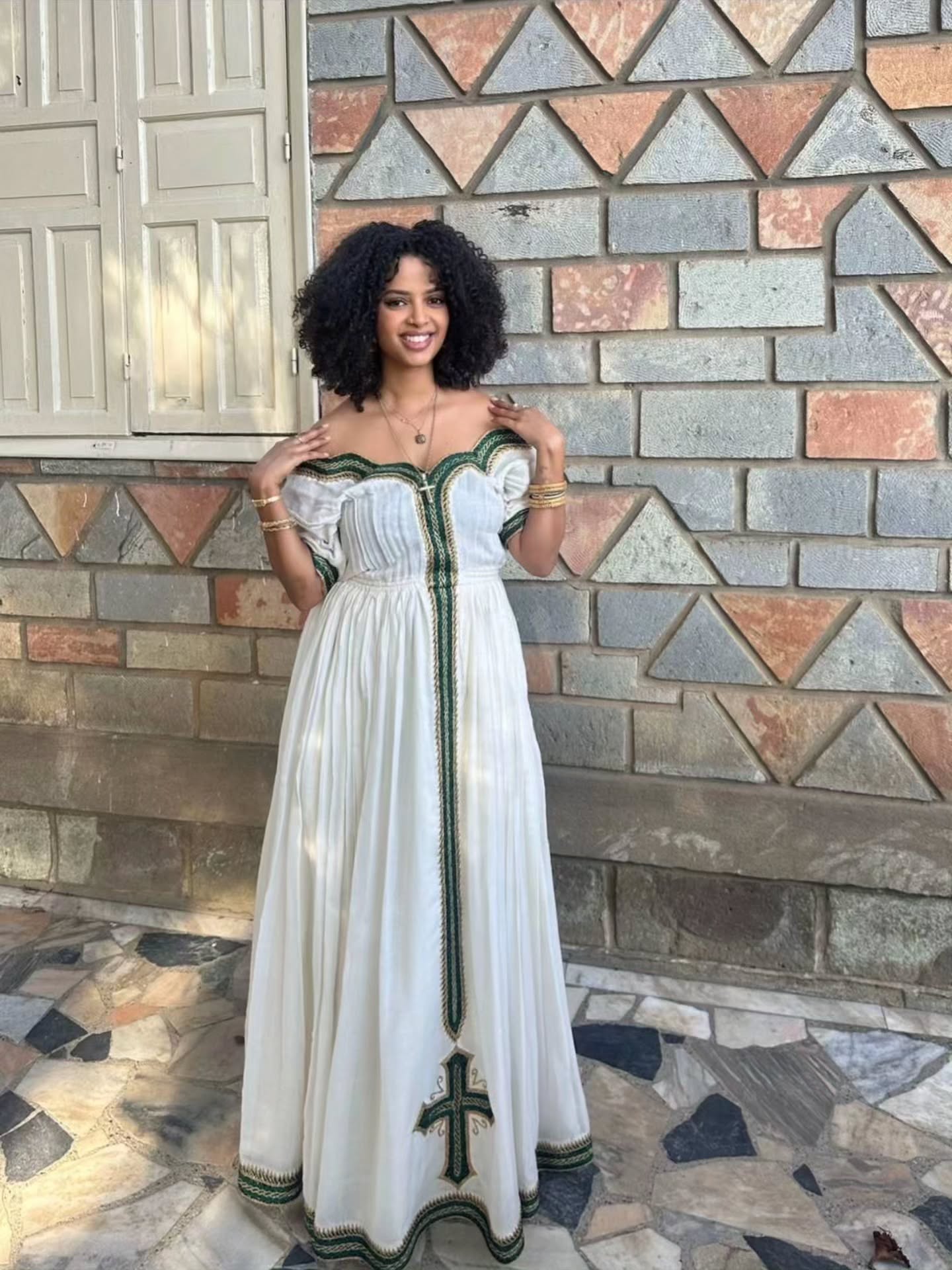 SOFI OFF-SHOULDER ETHIOPIAN DRESS | GREEN EMBROIDERY HABESHA KEMIS | SHORT SLEEVE HABESHA DRESS