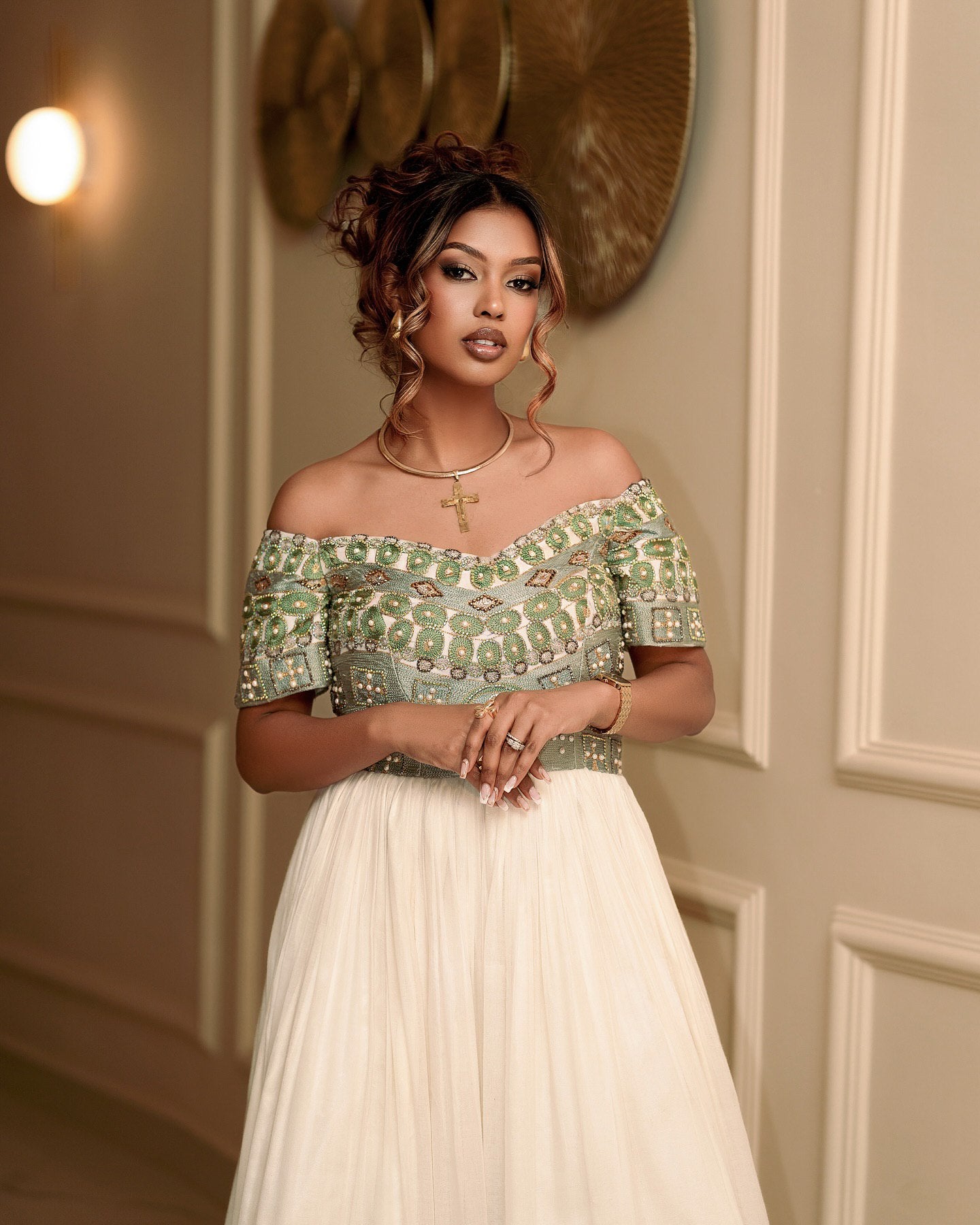 FANTAYE OFF-SHOULDER ETHIOPIAN DRESS | GREEN EMBROIDERY HABESHA KEMIS | ETHIOPIAN WEDDING DRESS