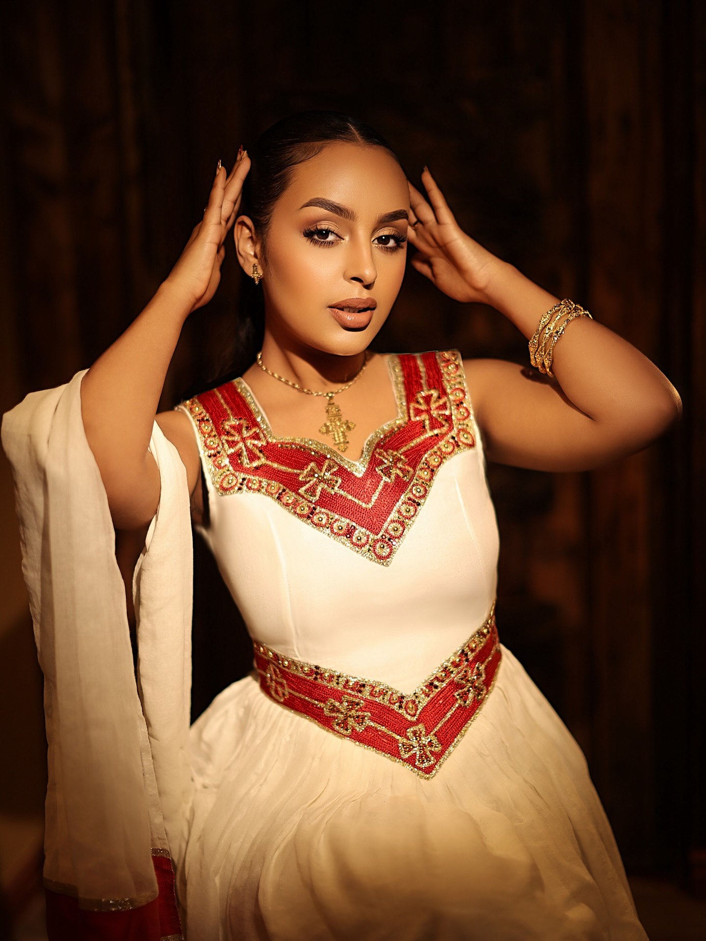 ALEMTSEHAY SLEEVELESS HABESHA KEMIS | RED AND GOLDEN EMBROIDERY HABESHA DRESS | CHARMING ETHIOPIAN DRESS