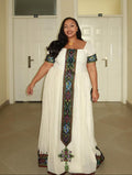 SHORT-SLEEVE HABESHA KEMIS WITH MULTICOLOR EMBROIDERY INSPIRED BY TRADITIONAL ETHIOPIAN DRESS