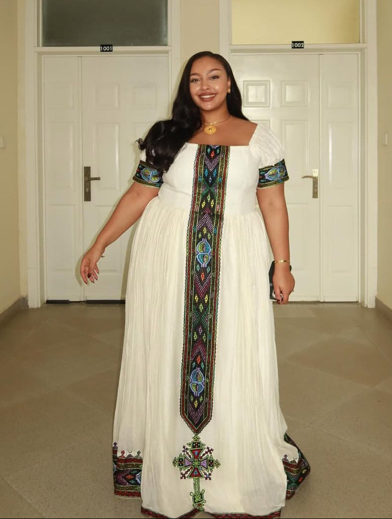 SHORT-SLEEVE HABESHA KEMIS WITH MULTICOLOR EMBROIDERY INSPIRED BY TRADITIONAL ETHIOPIAN DRESS