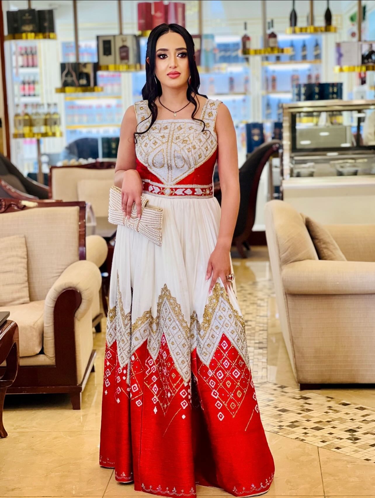 BISRU RED AND WHITE EMBROIDERY HABESHA DRESS | TRADITIONAL ETHIOPIAN WEDDING DRESS | HABESHA KEMIS COLLECTION